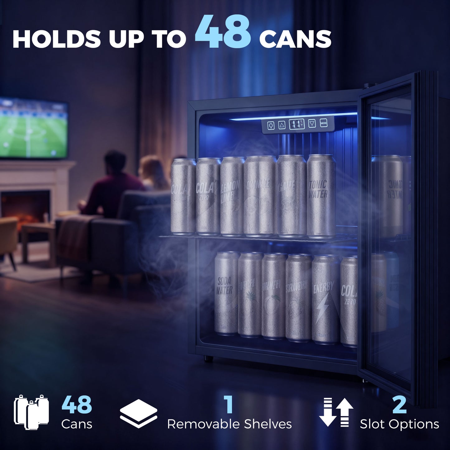HOMCOM 50L Drinks Fridge, 48 Can Under Counter Freestanding Beer Fridge with Double-Layer Glass Door, Wine Cooler with LED Light, Adjustable Shelf, Beverage Cooler for Soda Beer, Home Office