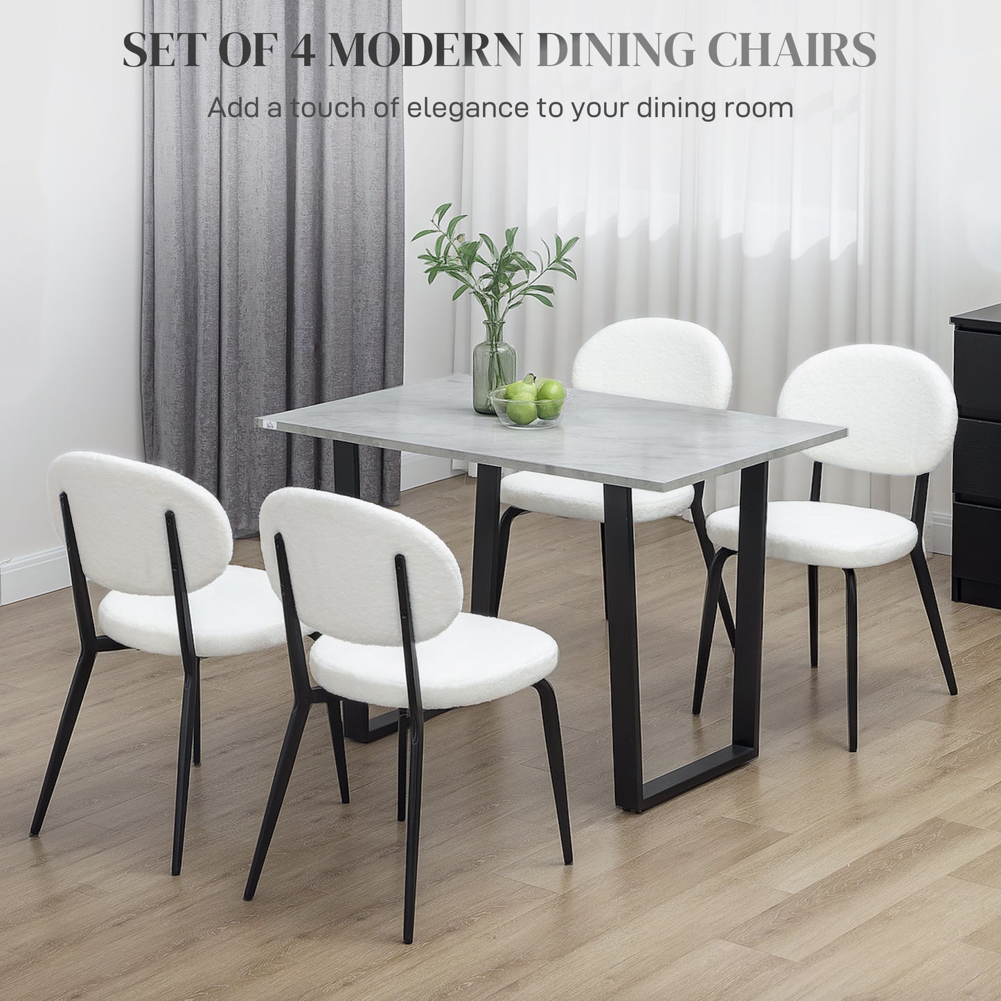 HOMCOM Boucle Dining Chairs Set of 4, Modern Upholstered with Backrest, Metal Legs, Padded Seat for Dining Room, Bedroom, Living Room, White