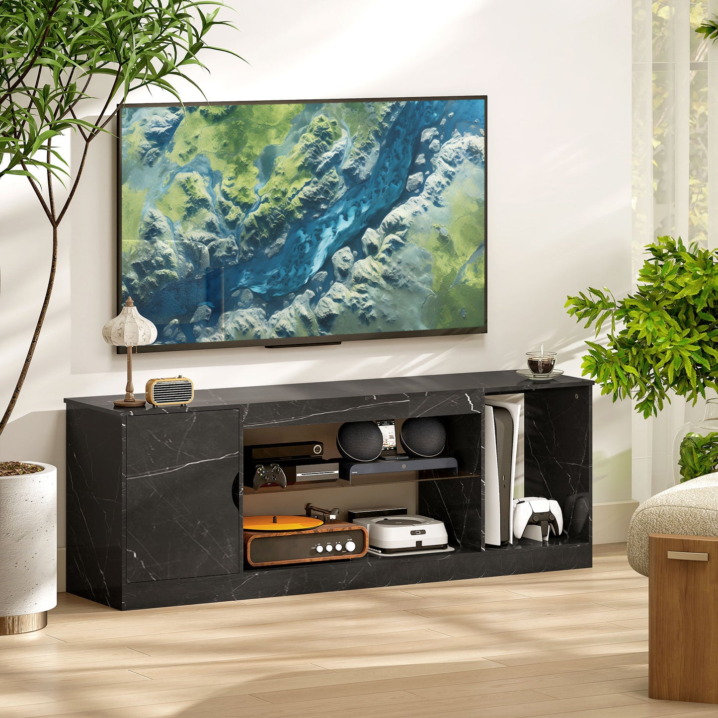 HOMCOM TV Stand Cabinet, Marble Effect, Glass Shelf & Storage for up to 55" TVs, Entertainment Unit for Living Room/Bedroom, Black