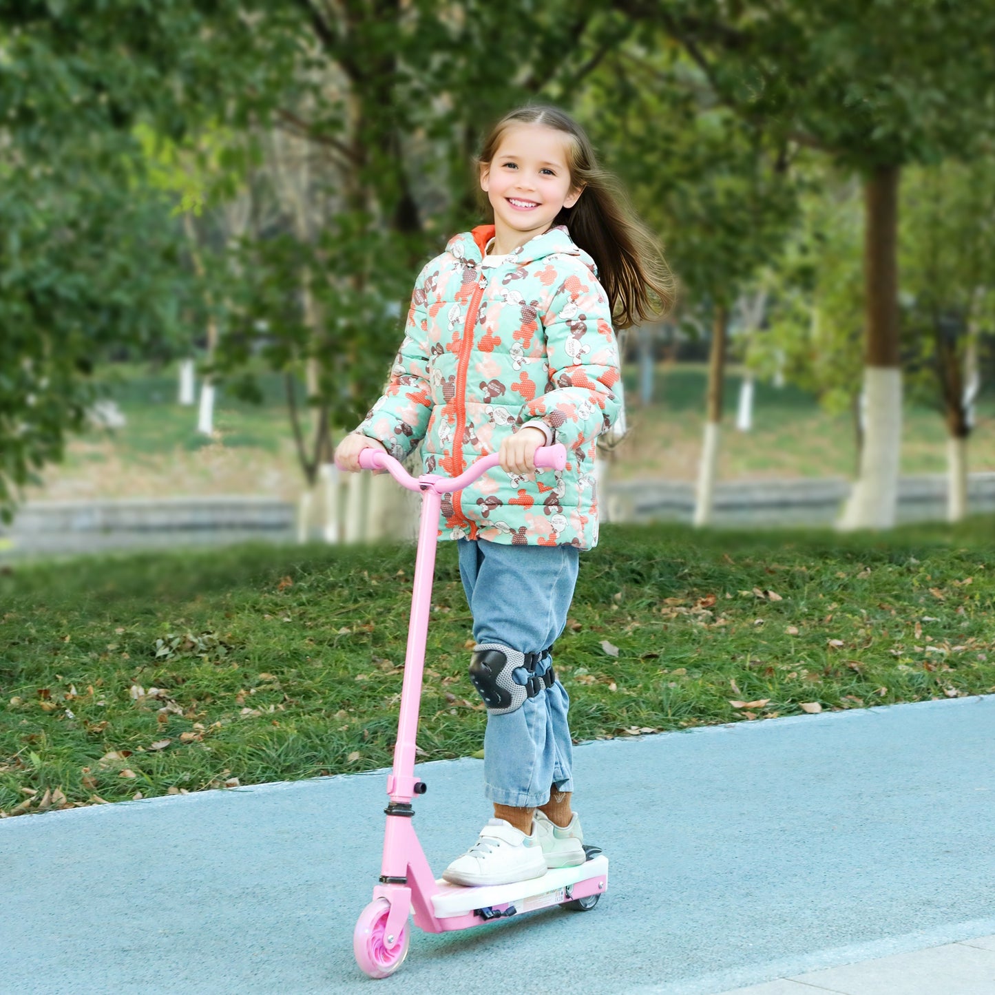 AIYAPLAY Electric Scooter for Kids Ages 4-7, with Rear Wheels, LED Light & Electric Brake, 6 KM/H & 8 KM Range, Pink