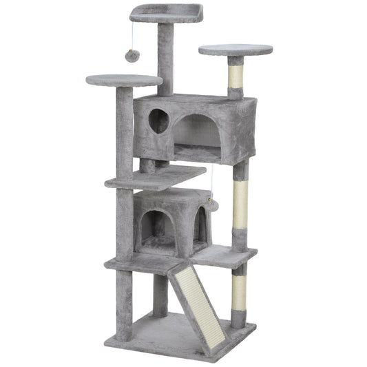 PawHut 138cm Cat Tree, Multi-Level Cat Tower with Scratching Posts and Pad, Bed, Condos, Platforms, Toy Balls, Light Grey