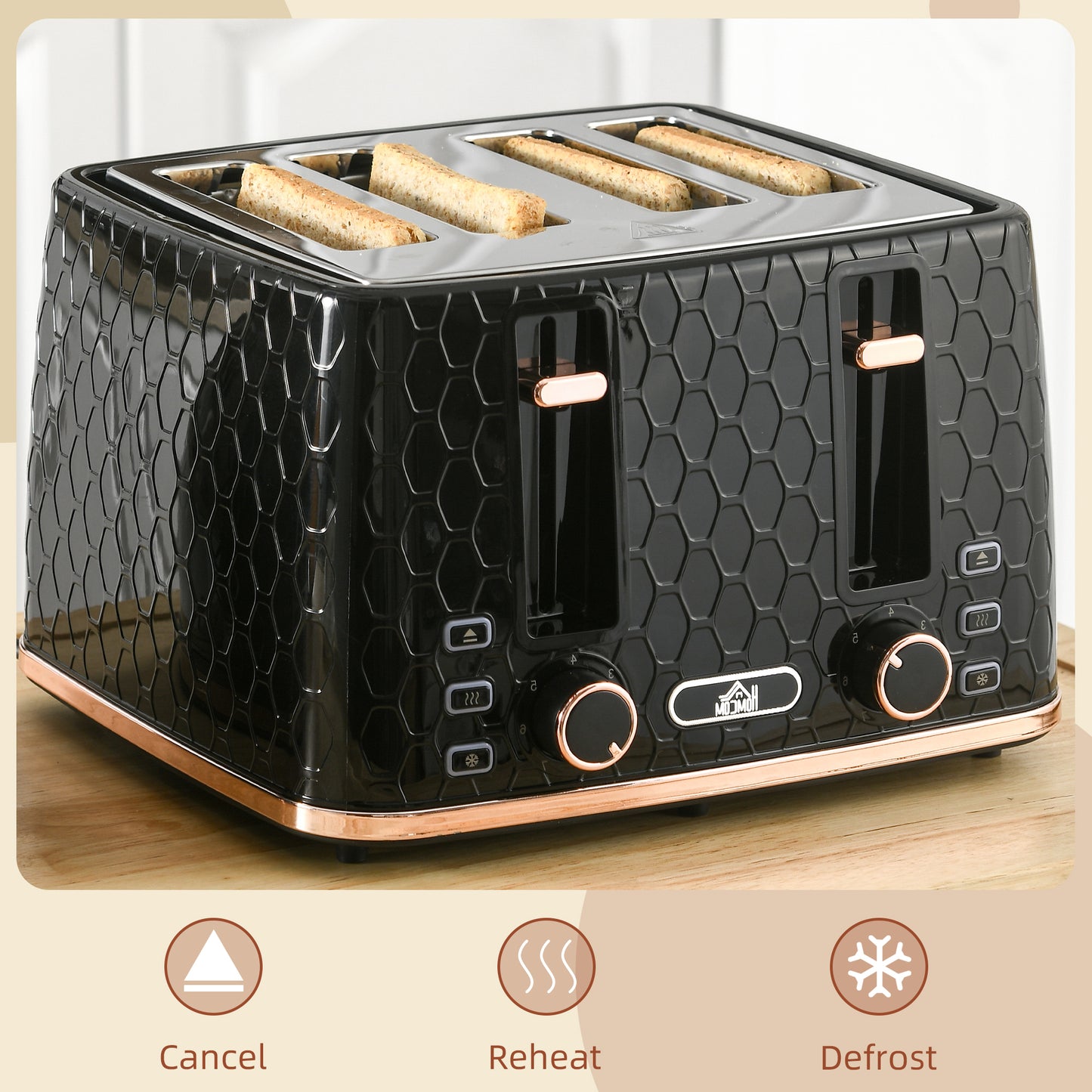 HOMCOM 4 Slice Toaster with 7 Browning Levels 1600W, Black Honeycomb Texture