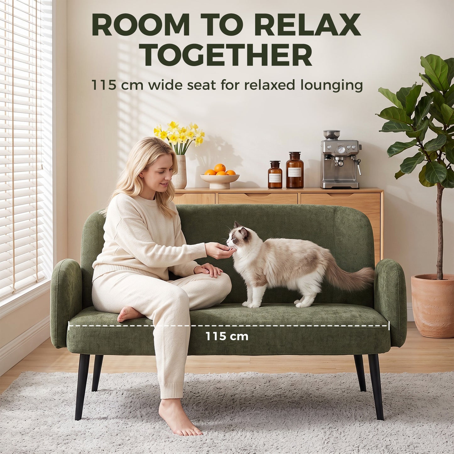 HOMCOM 132cm 2 Seater Sofa, Velvet Comfy Small Sofa Couch with Wide Seat, Thick Padding, Tapered Metal Legs, Green