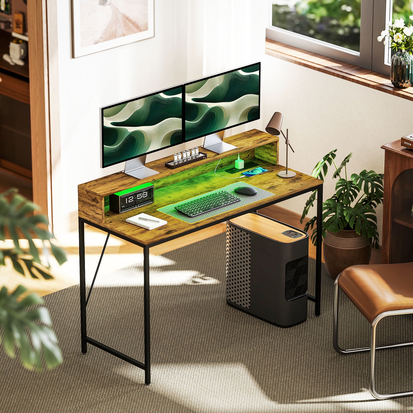 HOMCOM Computer Desk with LED, Power Outlets, Monitor Stand, Remote; for Home Office, Study; 120cm, Rustic Brown