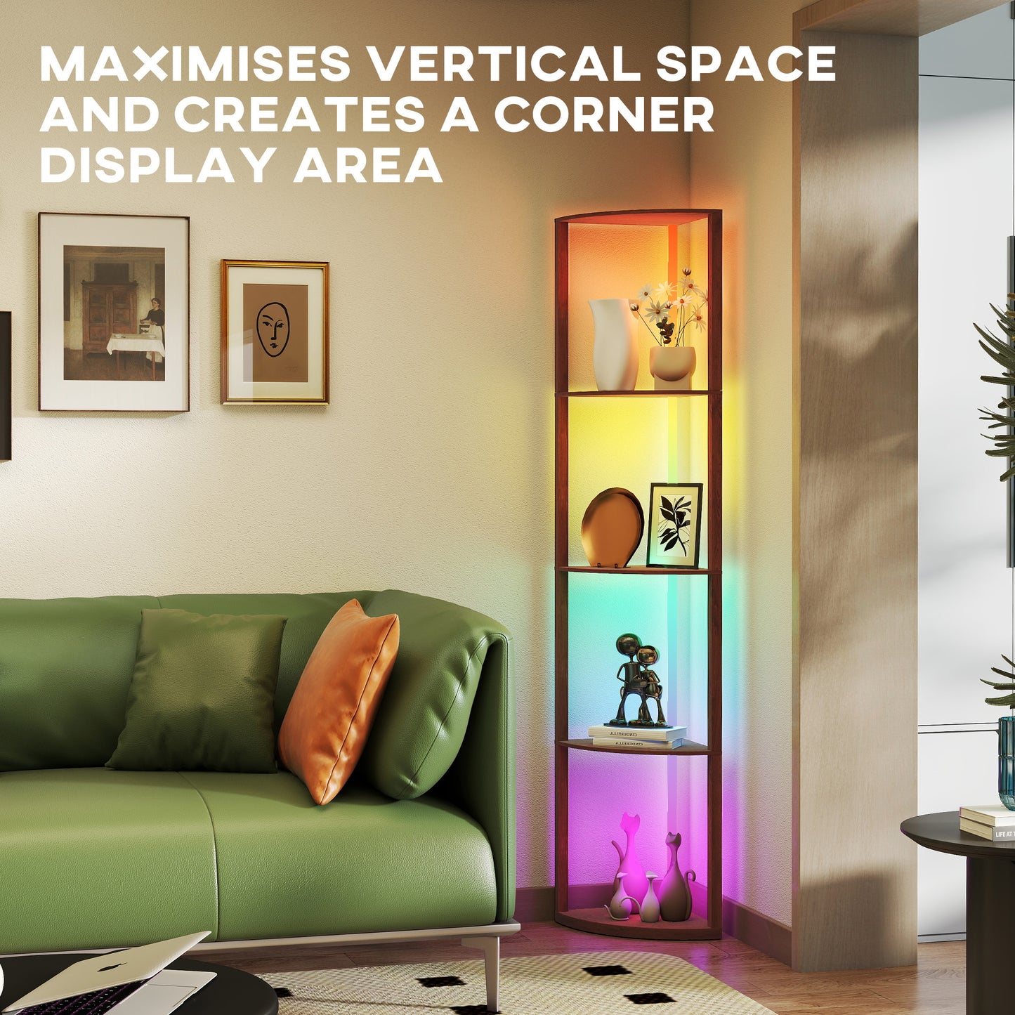 HOMCOM RGB LED Floor Lamp with Shelves, 5-Tier Dimmable Standing Lamp, Adjustable Brightness, Remote Control, Corner Shelf Unit, Brown