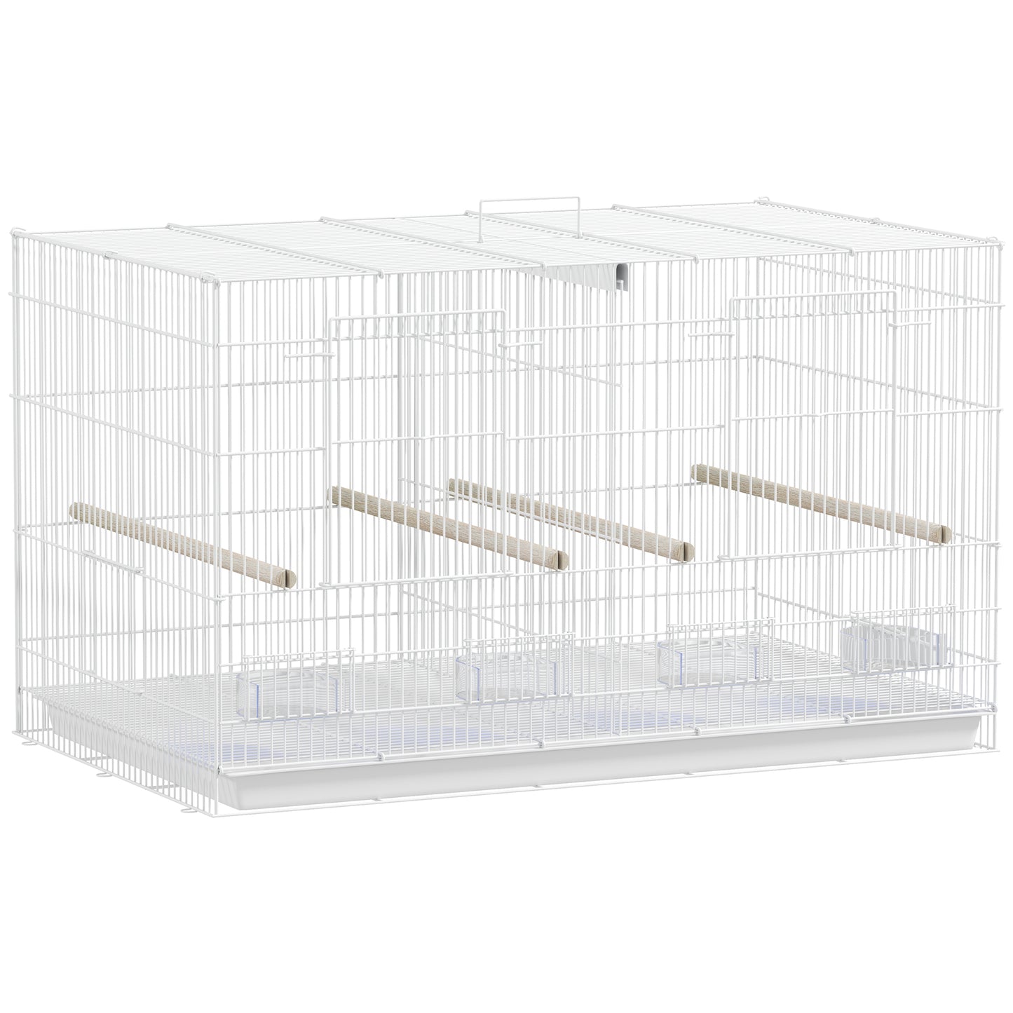 PawHut Bird Cage with Divider, 4 Wooden Perches, Slide Out Tray, 4 Feeders, for Budgie, Lovebird, Canary, 76 x 46 x 46cm, White