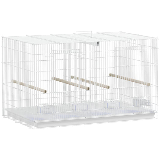 PawHut Bird Cage with Divider, 4 Wooden Perches, Slide Out Tray, 4 Feeders, for Budgie, Lovebird, Canary, 76 x 46 x 46cm, White