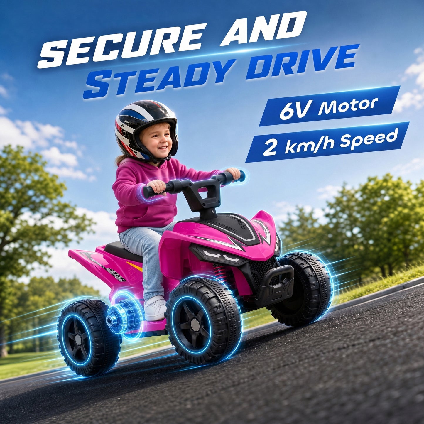 AIYAPLAY 6V Battery Powered Kids ATV, Quad Bike w/ Handlebar Button Control, Max 1.2MPH, Max 55lbs Load, for 18-48 M, Rose Red