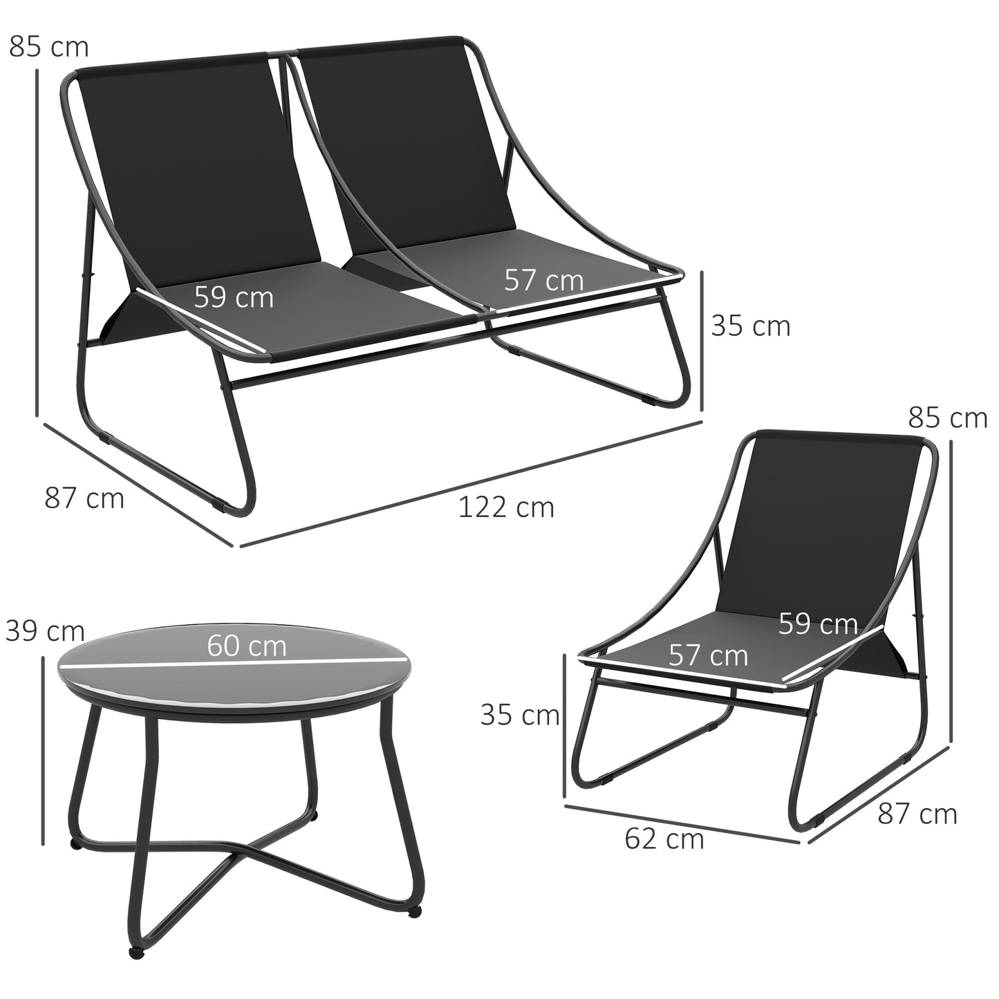 Outsunny 4 Seater Garden Furniture Set with Sofa, Chairs, Glass Table, Thick Cushions, Steel for Balcony or Poolside, Light Grey