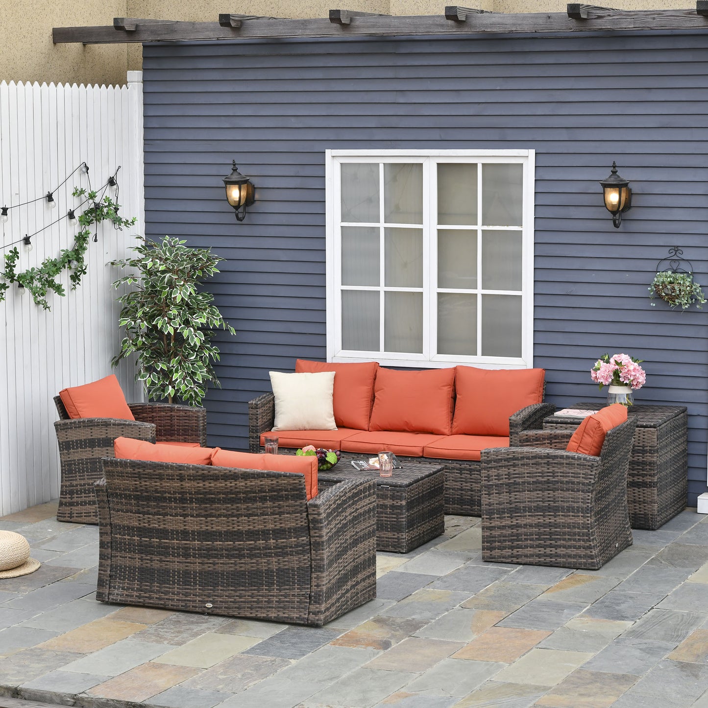 Outsunny 6-Piece Rattan Garden Furniture Set, 7-Seater Wicker Sofa with Storage Tables & Cushions, Orange