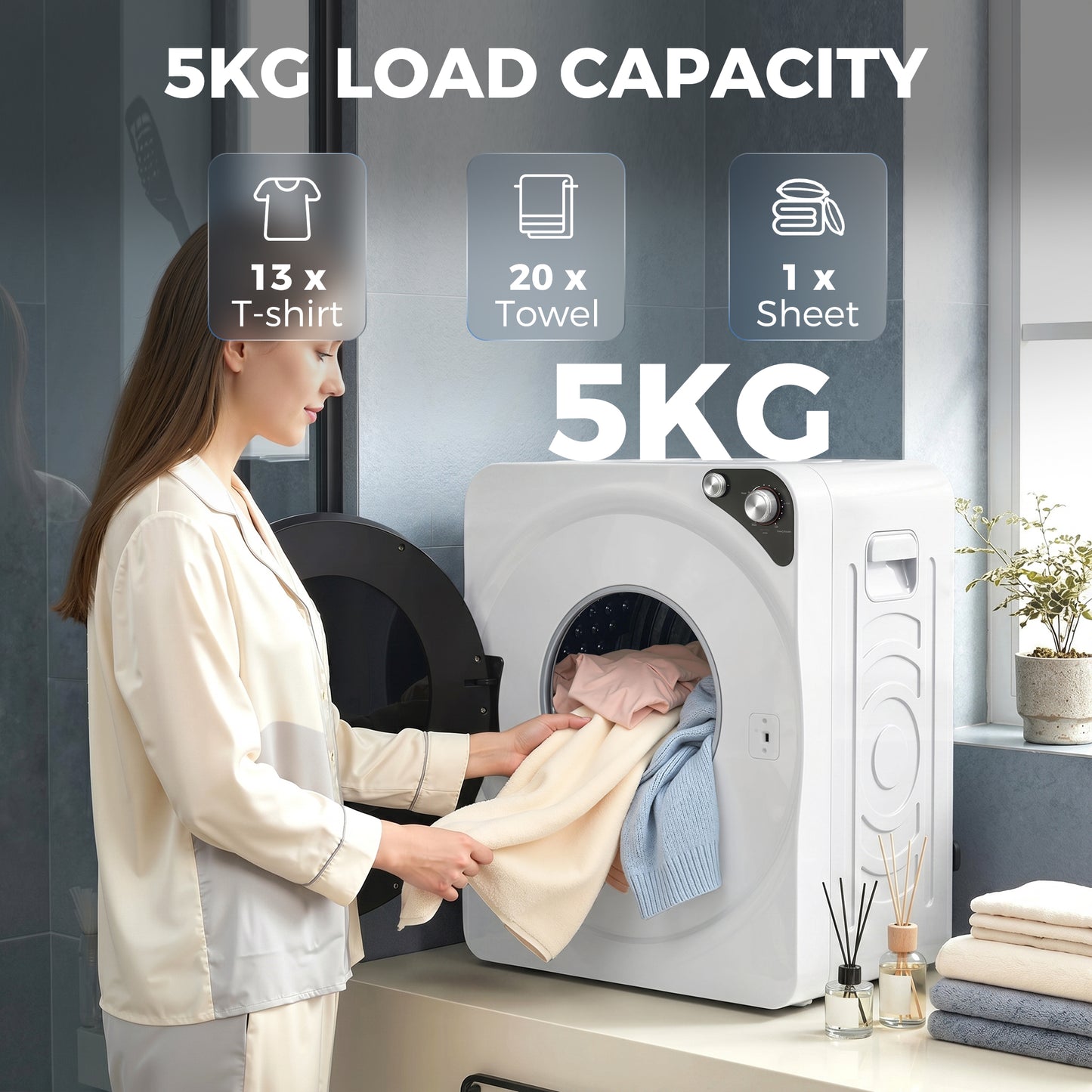 HOMCOM 5kg Vented Tumble Dryer, 1000W Compact Tumble Dryer with 5 Drying Modes, Stainless Steel Tub, White