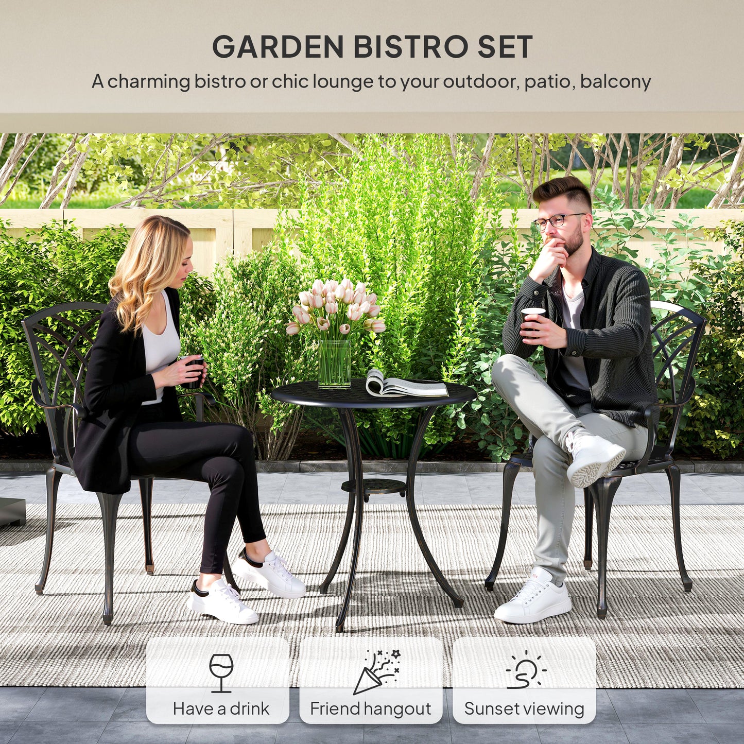 Outsunny 3-Piece Garden Set: Cast Aluminium 2 Armchairs & Round Table w/ Parasol Hole, Bronze Tone