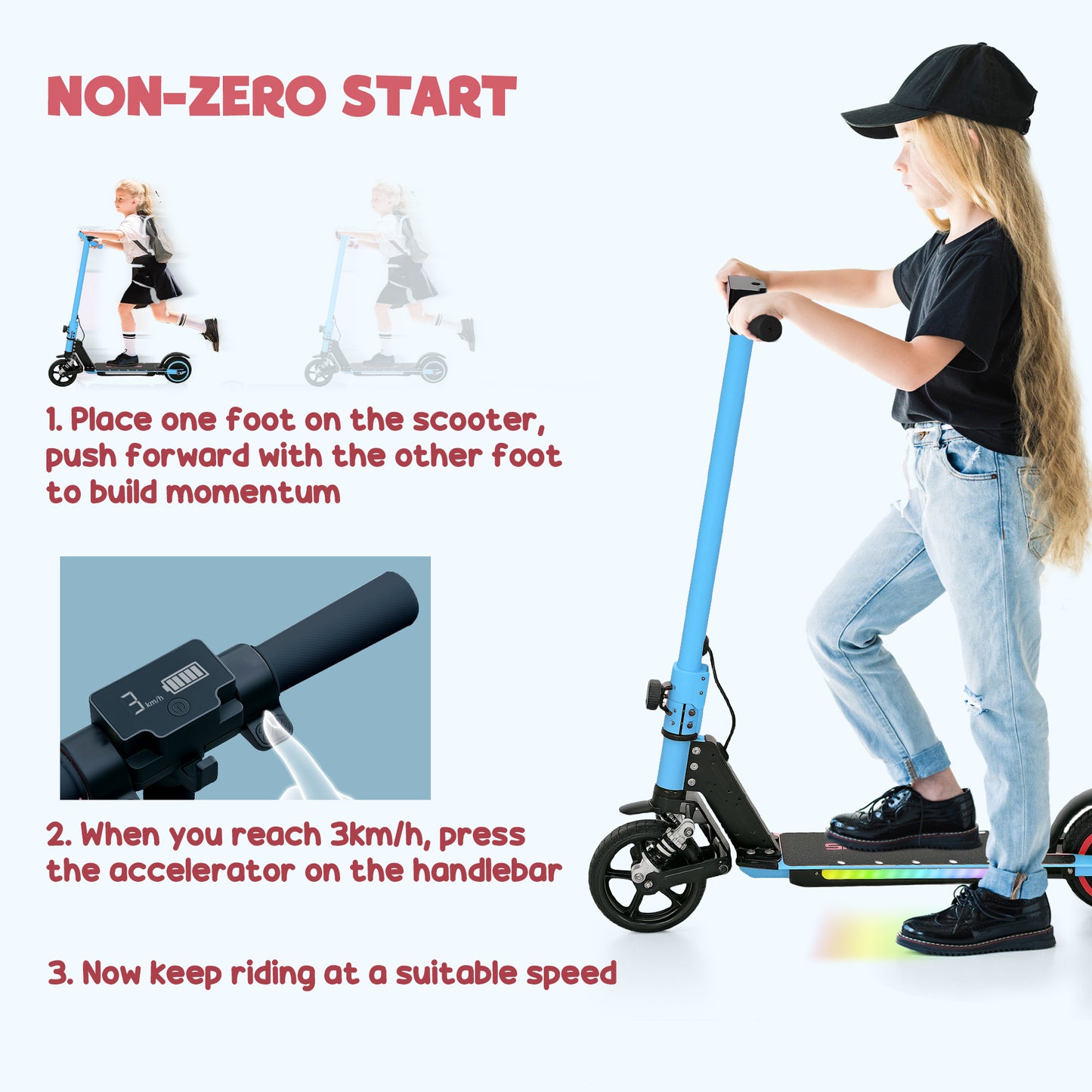 SPORTNOW Folding Electric Scooter for Kids 6-14, Dual Brakes, LED Lights, 6.8kg, 14 KM/H & 6 KM, Blue