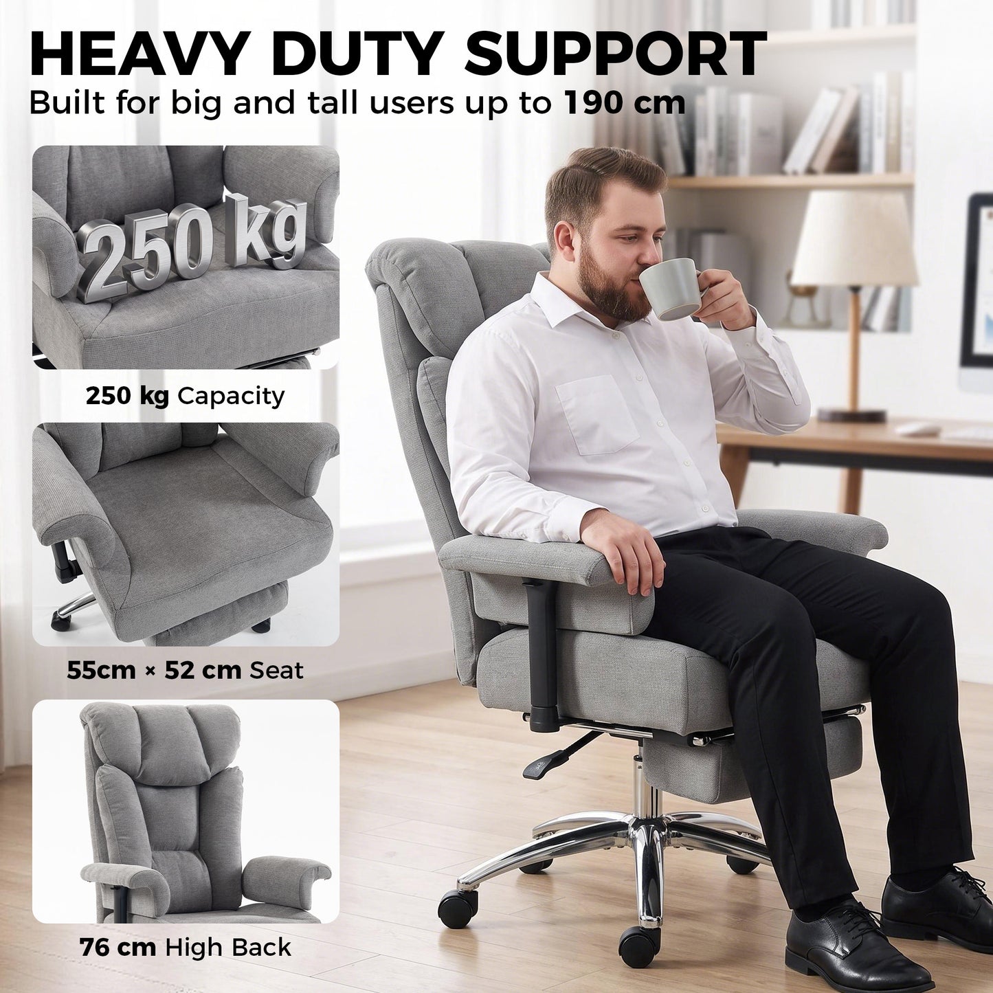 HOMCOM Big and Tall Office Chair, 250 kg Heavy Duty Executive Desk Chair with Adjustable Padded Armrests and High Back, Grey