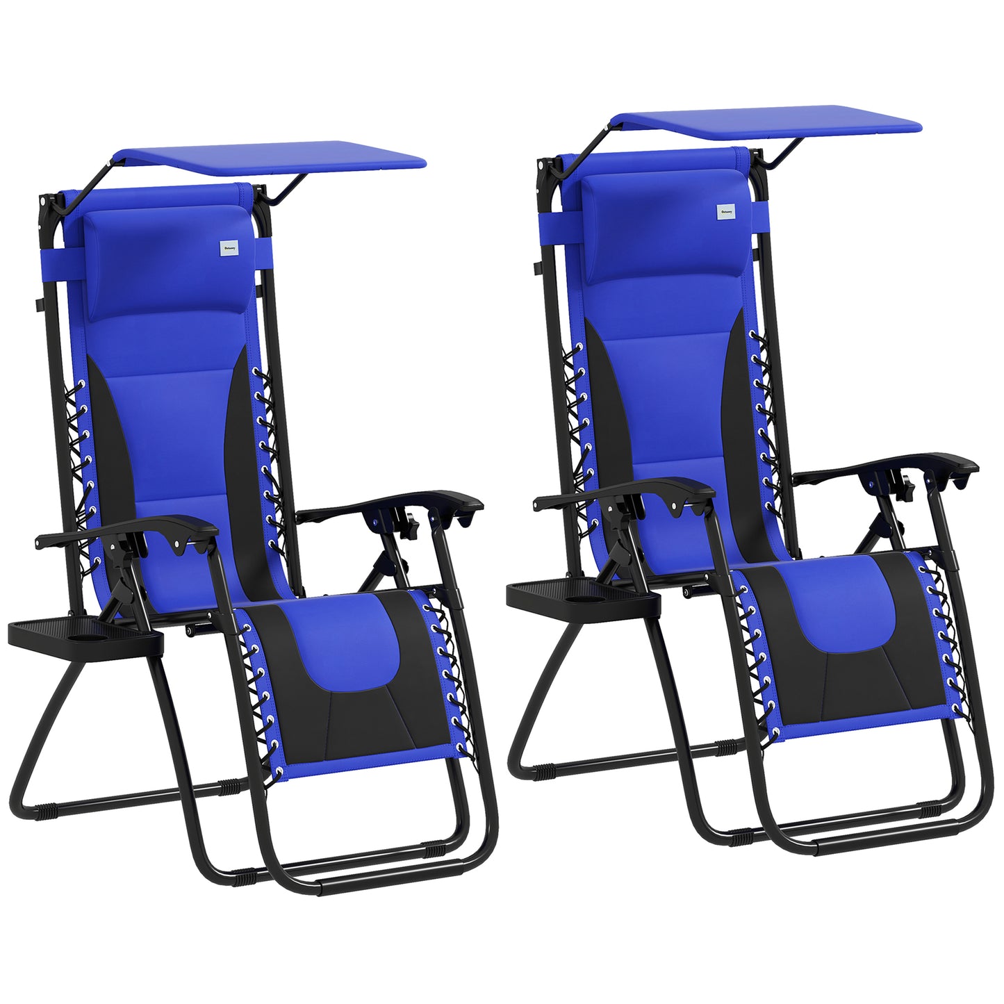 Outsunny Zero Gravity Lounger Chair Set of 2, Folding Recliner with Shade, Cup Holder, Cushion, Blue