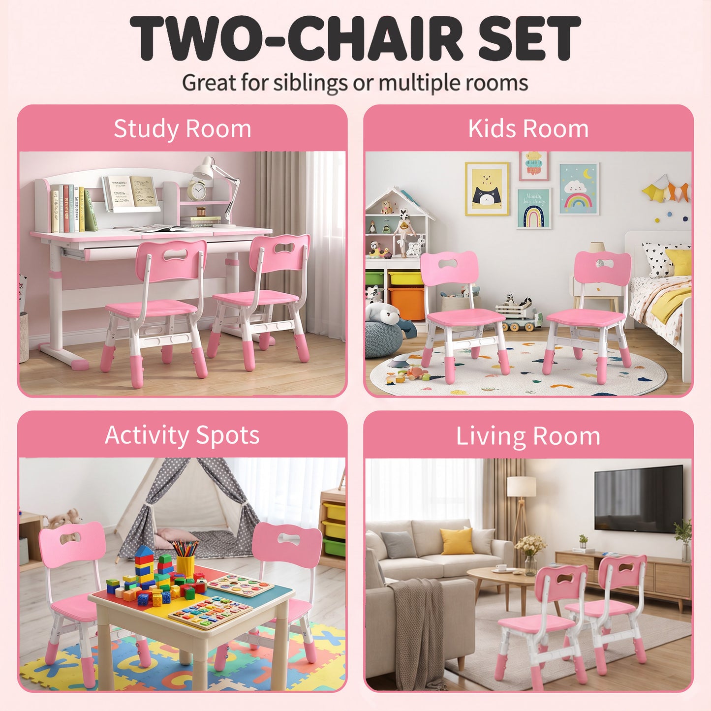 AIYAPLAY 2 PCS Kids Desk Chairs, 3 Level Height Adjustable Children's Chairs with Backrest for 1.5-8 Years, Max Load 50KG, Pink