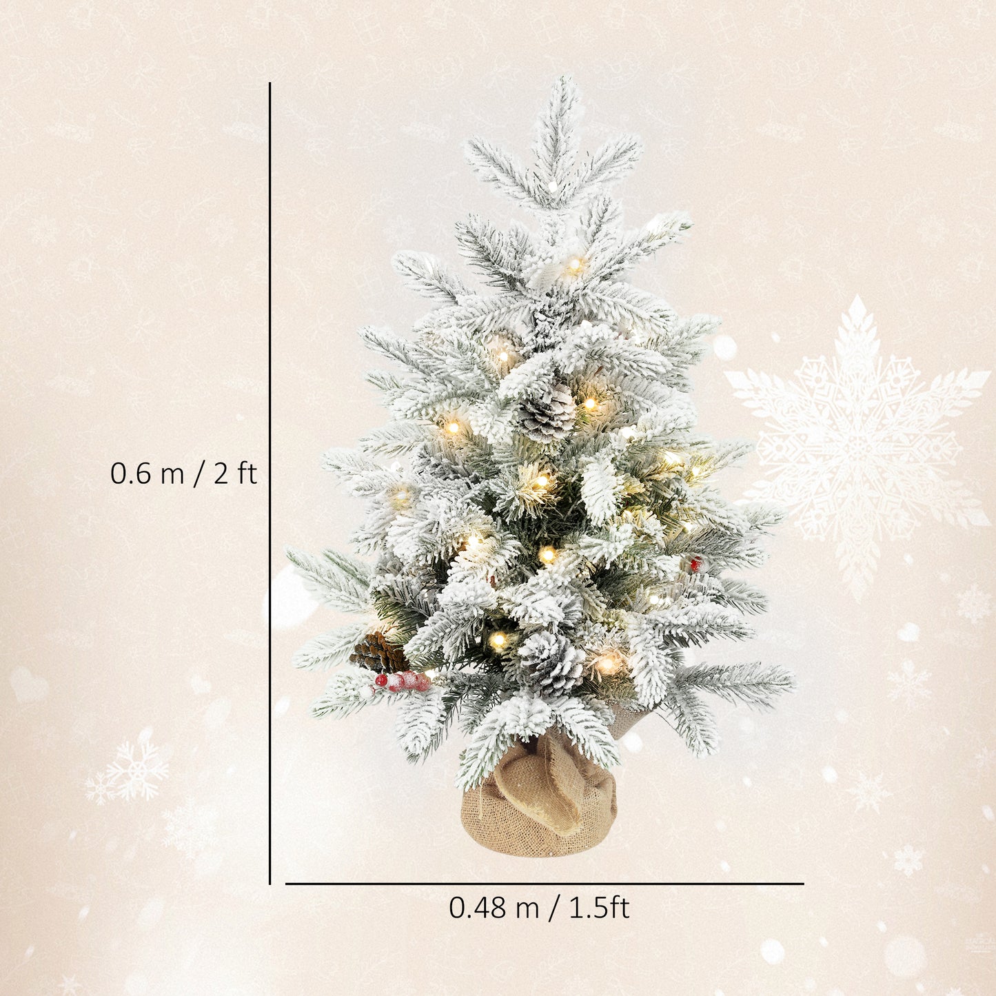 HOMCOM 60cm Prelit Christmas Tree w/ 35 LED Lights, Snow Flocked, Pine Cones, Berries, Linen Base, Battery Operated, Green