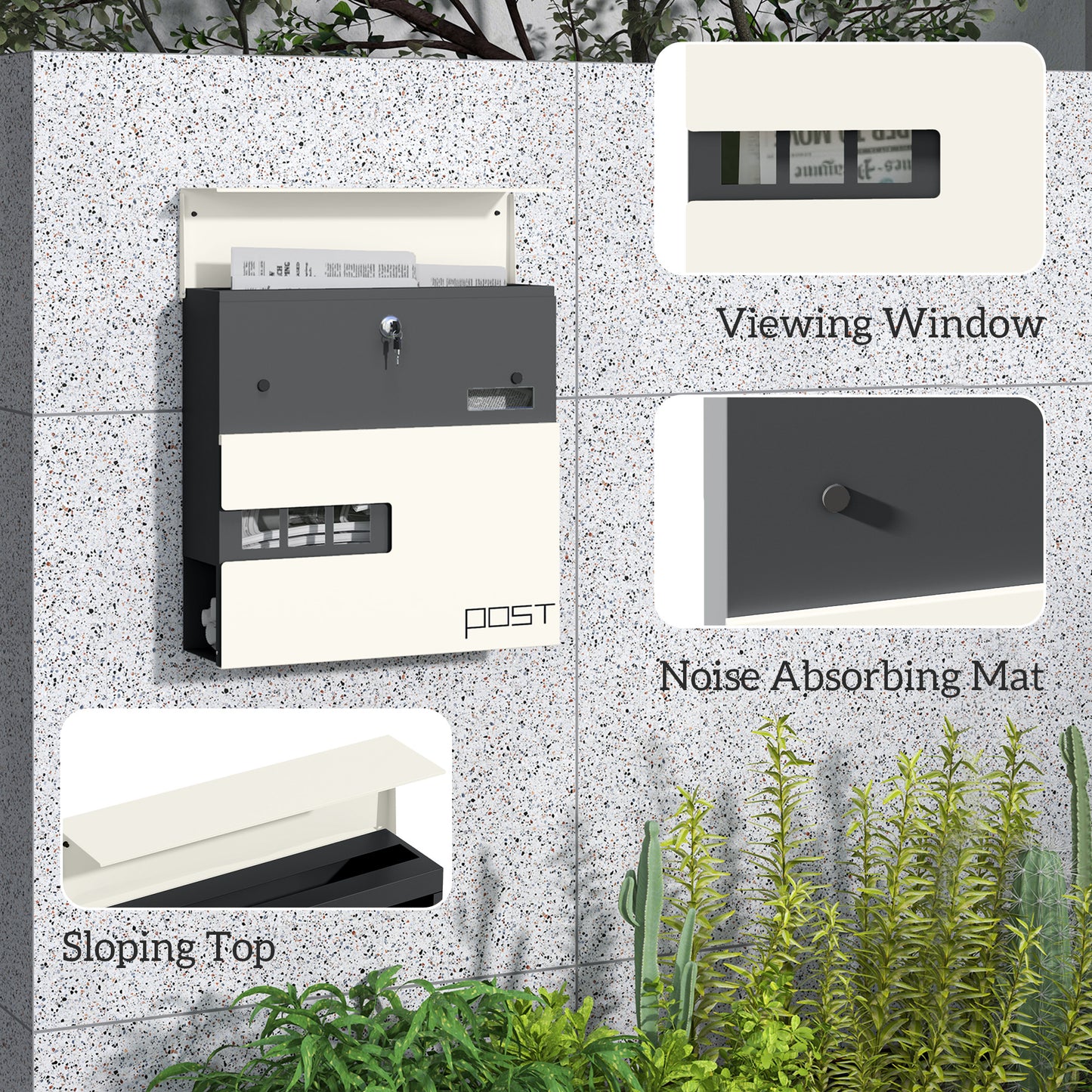 HOMCOM Modern Galvanised Steel Wall Mounted Post Box with Viewing Window, Weatherproof, 2 Locks, Easy Install, for Outdoor Use, White