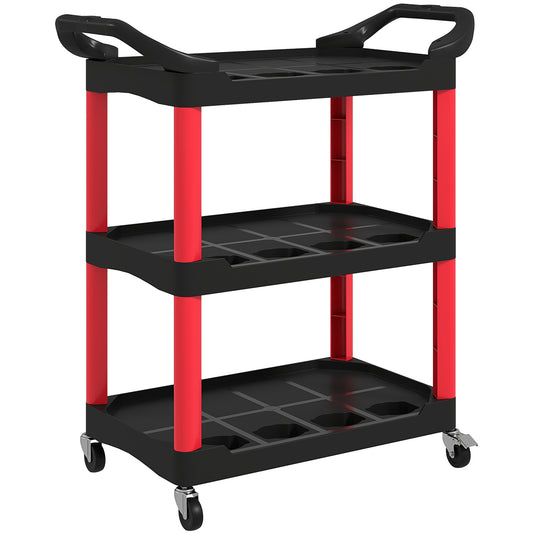 HOMCOM 3-Tier Rolling Tool Cart, Mobile Utility Trolley with Handles, 91kg Capacity for Garage/Mechanics/Warehouse, Black and Red