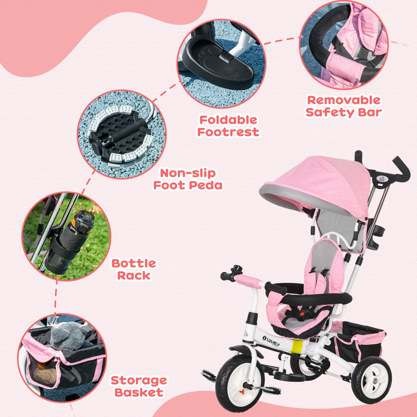 HOMCOM 4 in 1 Kids Trike Push Bike w/ Push Handle 5-point Safety Belt for 1-5 Years Pink