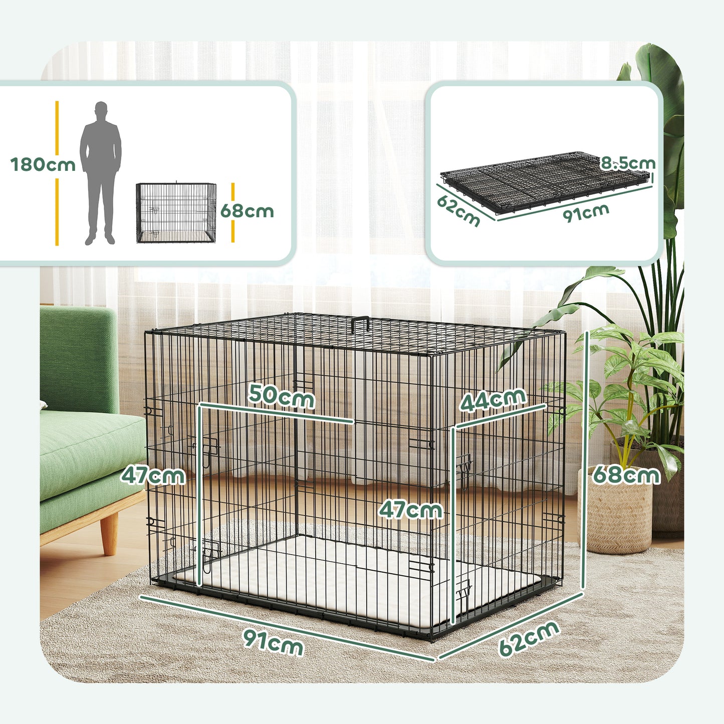 PawHut Dog Crate with 2 Doors with Tray, Soft Cushion, Foldable Metal Dog Cage for Large Medium Dogs, 91 x 62 x 68, Black