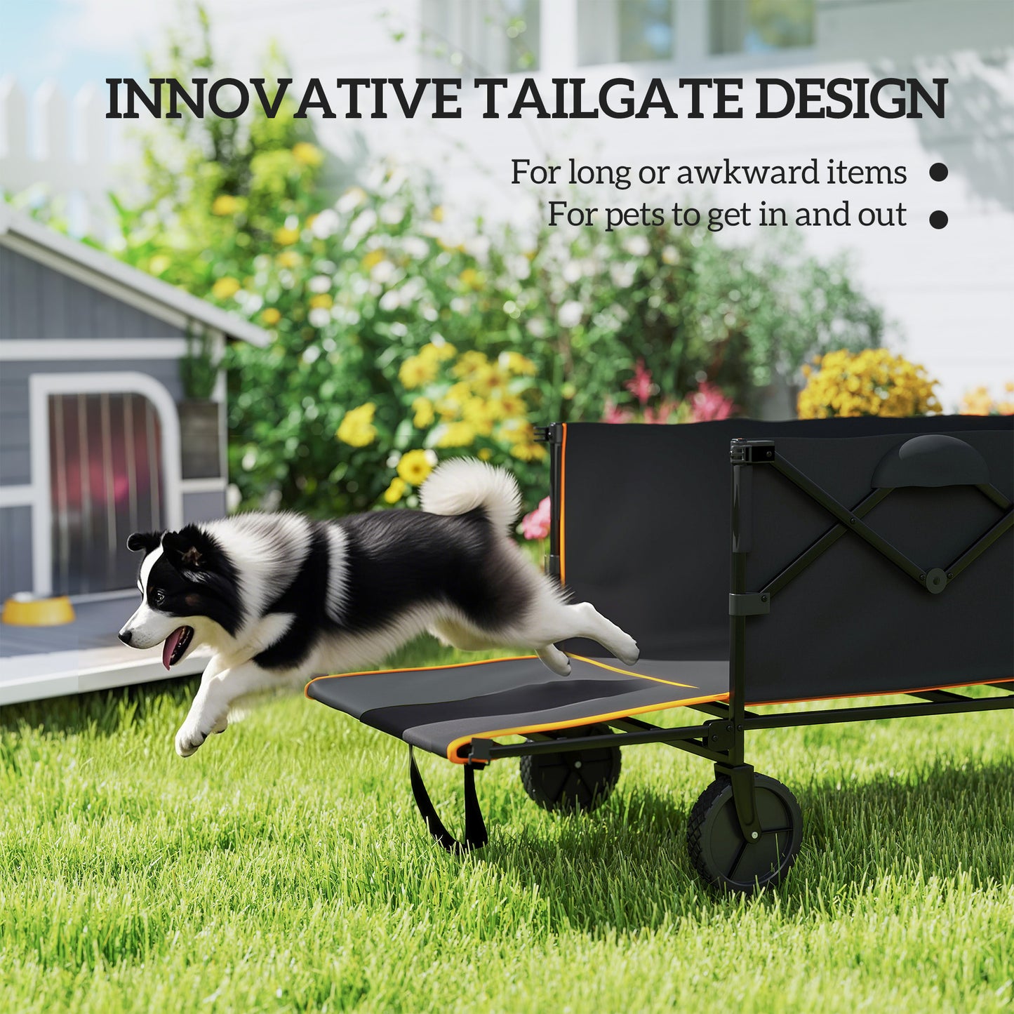 Outsunny 160L Festival Trolley on Wheels, Folding Camping Cart w/ Tailgate, 100kg Heavy Duty Garden Wagon w/ Adjustable Handle, Black and Orange