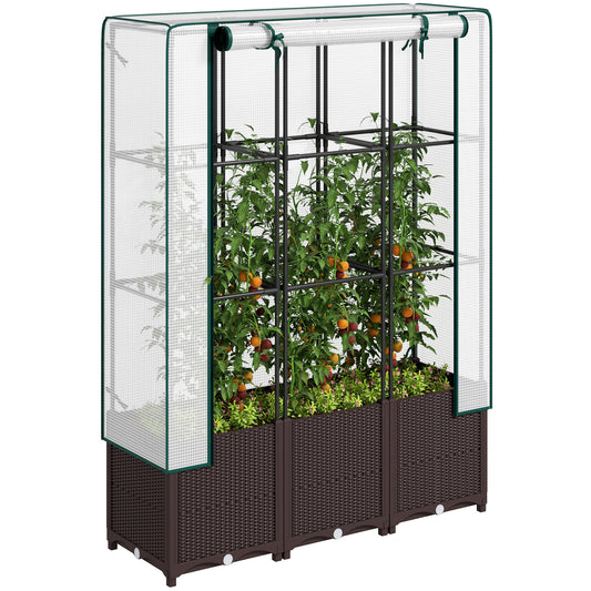 Outsunny Raised Garden Bed with Trellis, Plastic Planter Box with Drainage for Plants, 120 x 40 x 140 cm