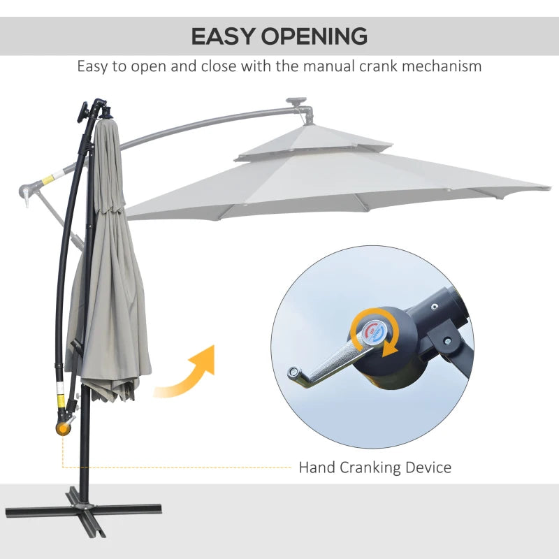 Outsunny 3m Cantilever Banana Parasol Hanging Umbrella with Double Roof, LED Solar lights, Crank, 8 Sturdy Ribs and Cross Base for Outdoor, Garden, Patio, Light Grey