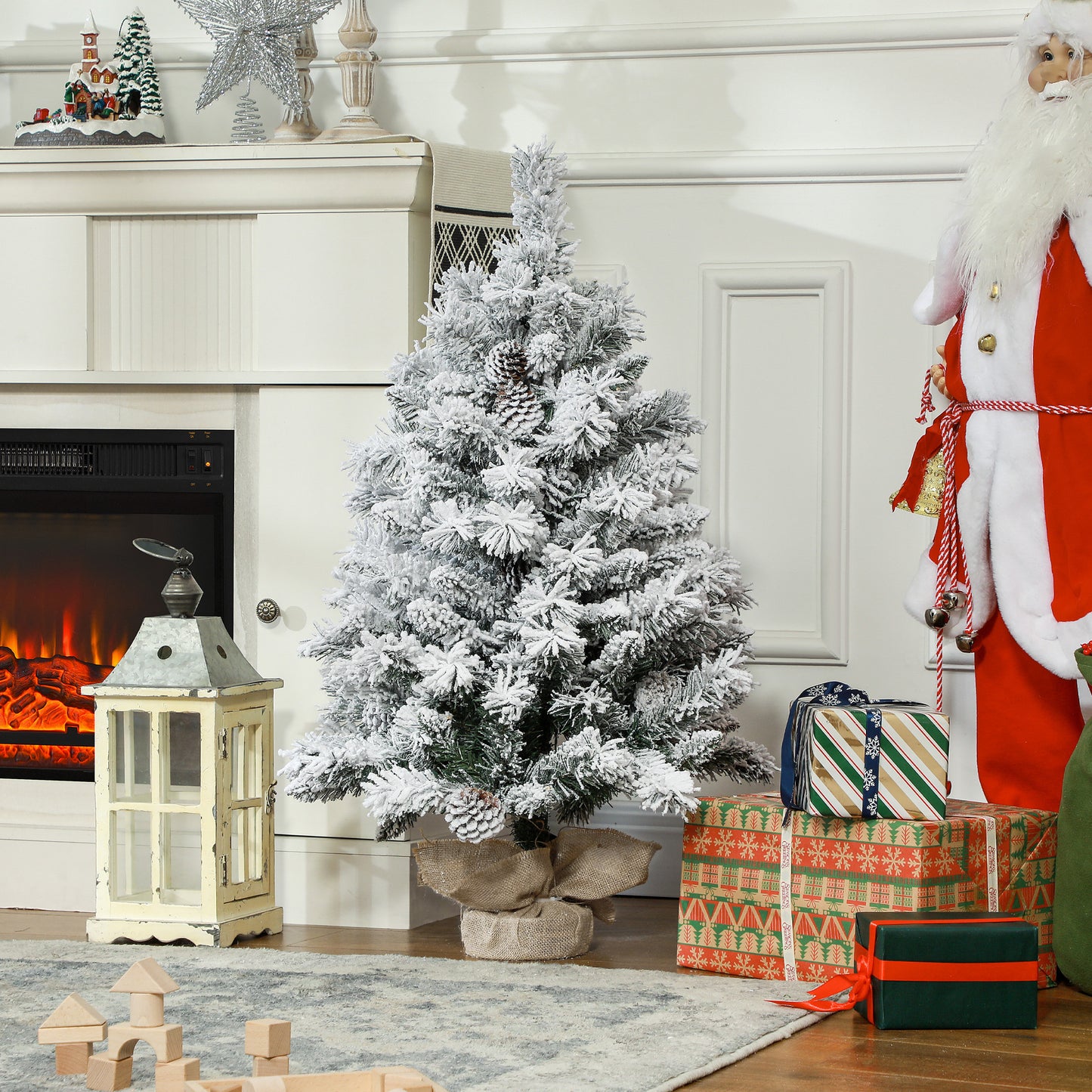 HOMCOM 3ft Prelit Artificial Christmas Tree with Warm White LED Light and 133 Tips, Concrete Base, Flocked Xmas Tree with Pine Cones, Green