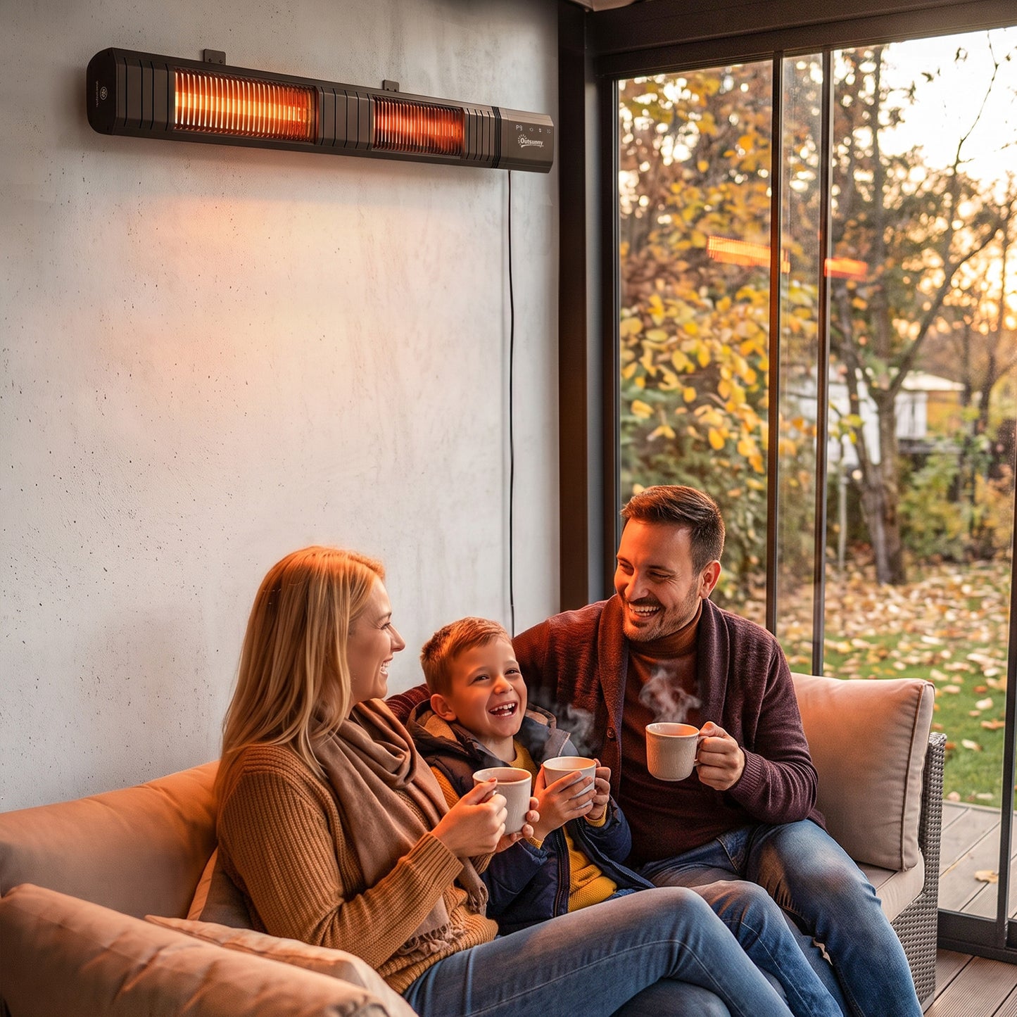 Outsunny 3000 W Electric Infrared Patio Heater, Wall Mounted IP65 Garden Heater with 9 Heat Settings, 24 H Timer, Black
