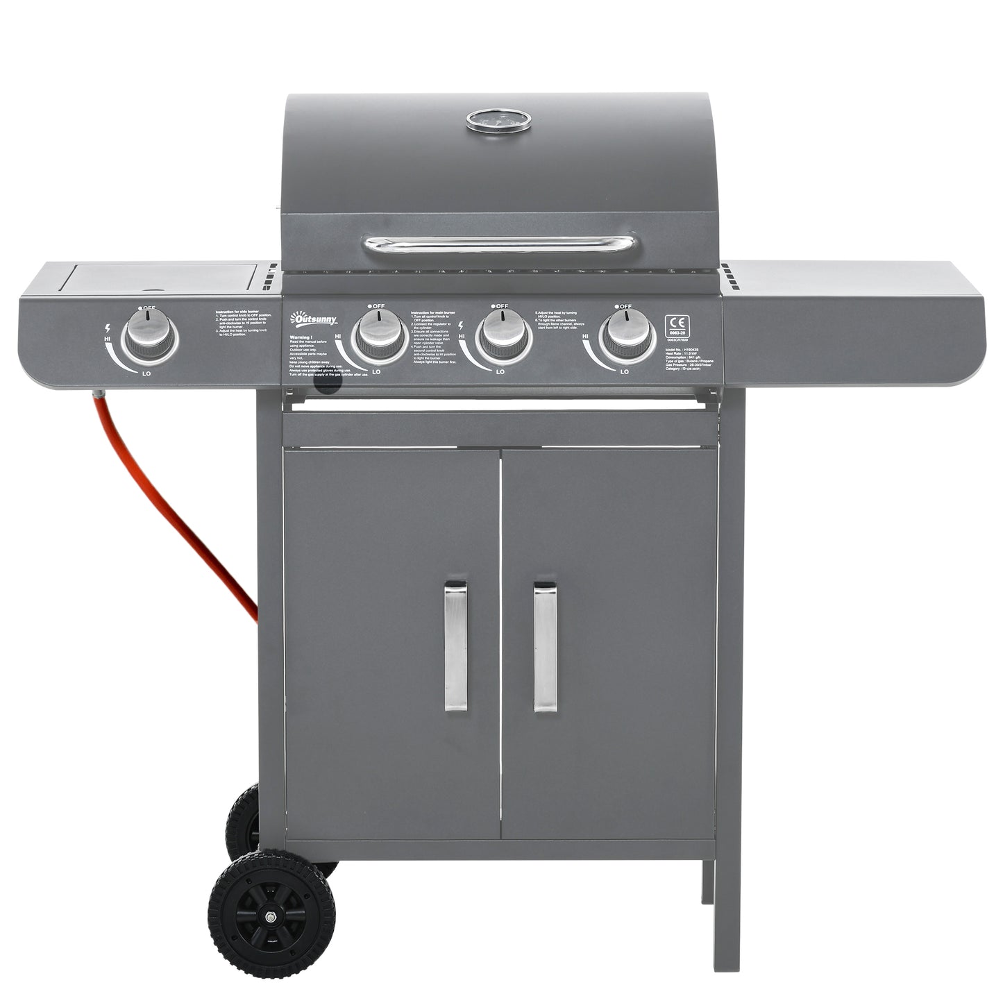 Outsunny 3+1 Burner Gas BBQ Grill, Outdoor Trolley with Wheels, Warming Rack, Side Shelves, Thermometer, Cabinet, 110Lx50Wx100Hcm, Grey
