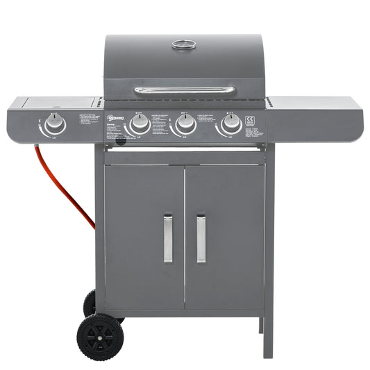 Outsunny 3+1 Burner Gas BBQ Grill, Outdoor Trolley with Wheels, Warming Rack, Side Shelves, Thermometer, Cabinet, 110Lx50Wx100Hcm, Grey