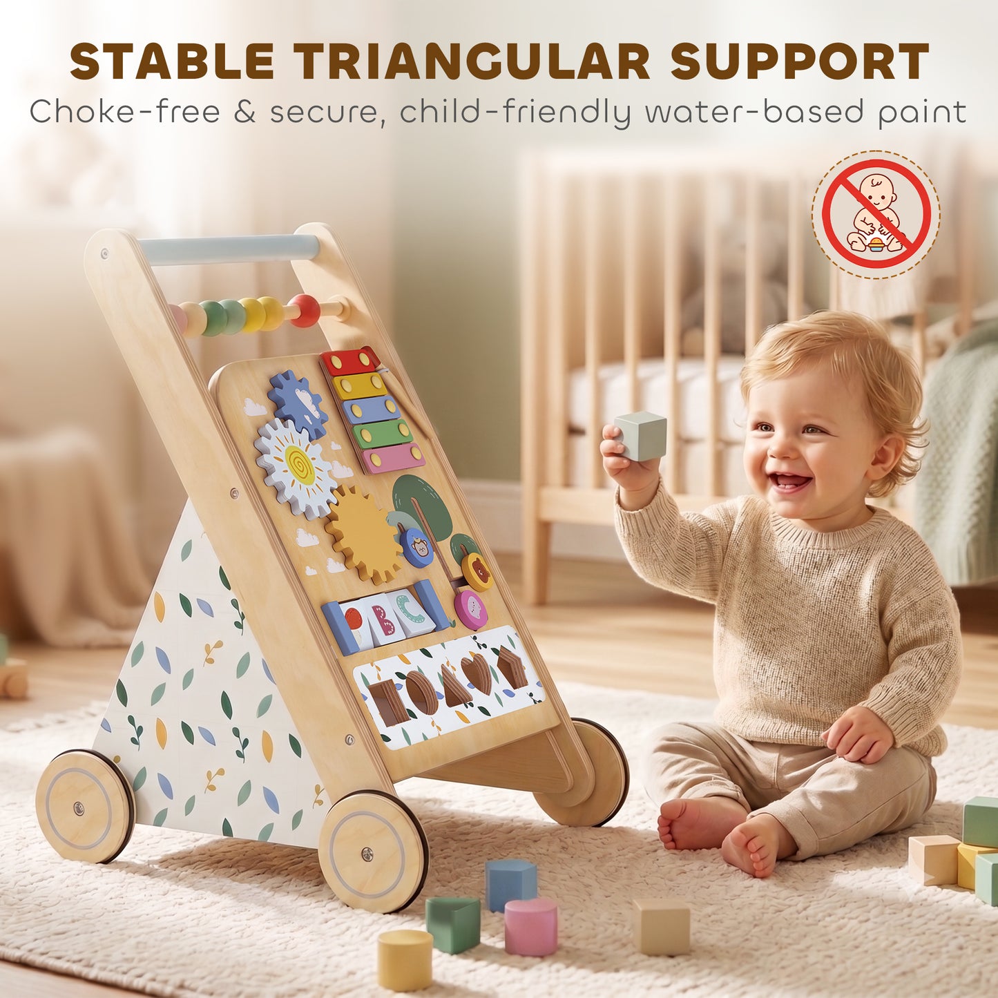 AIYAPLAY Wooden Baby Walker, Toddler Push Along Walker with Speed Control, Activity Centre and 5 Blocks for 18 Months+, Natural