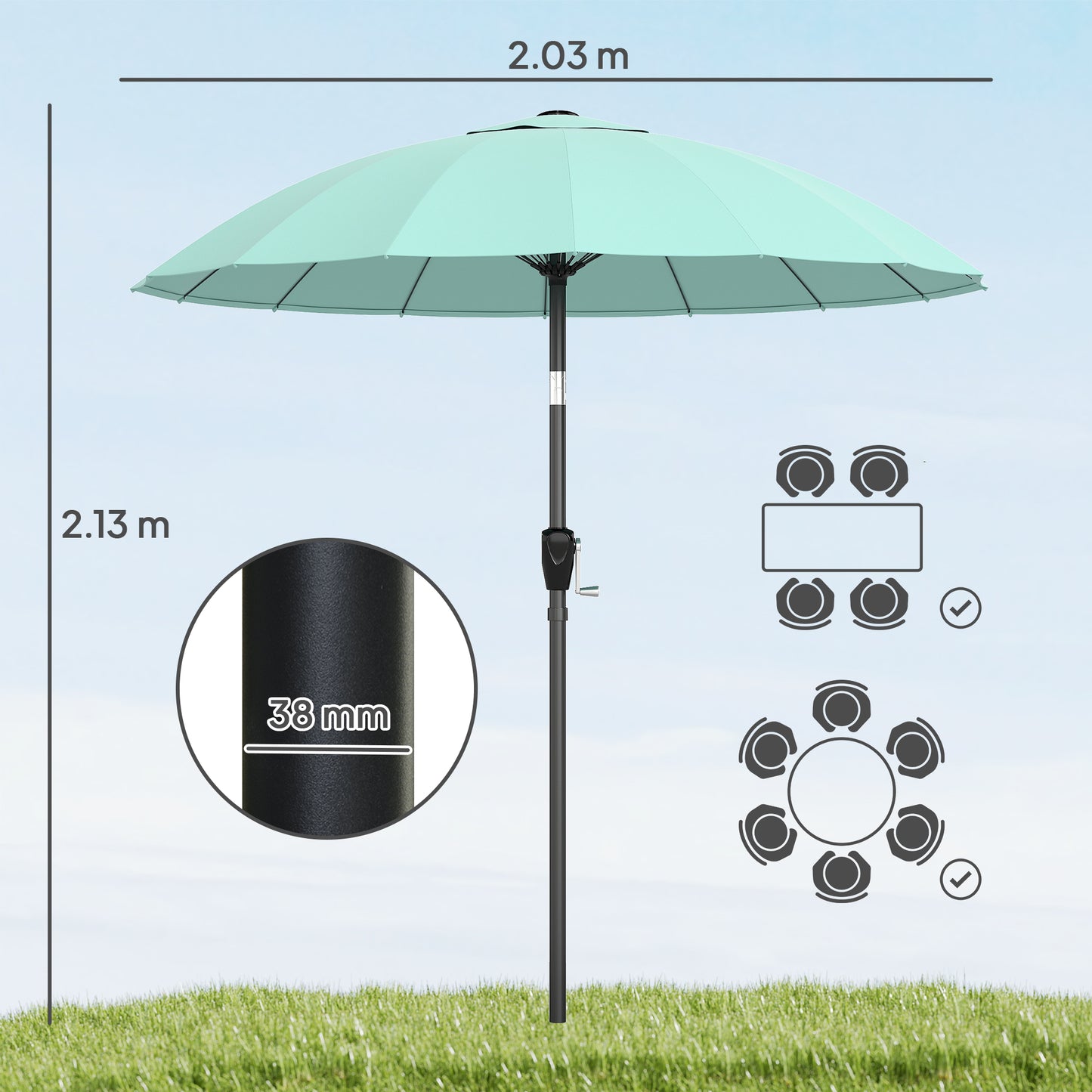 Outsunny 2 m Shanghai Garden Parasol Umbrella with 16 Fibreglass Ribs, Outdoor Parasol Sun Shade with Crank & Tilt, Turquoise