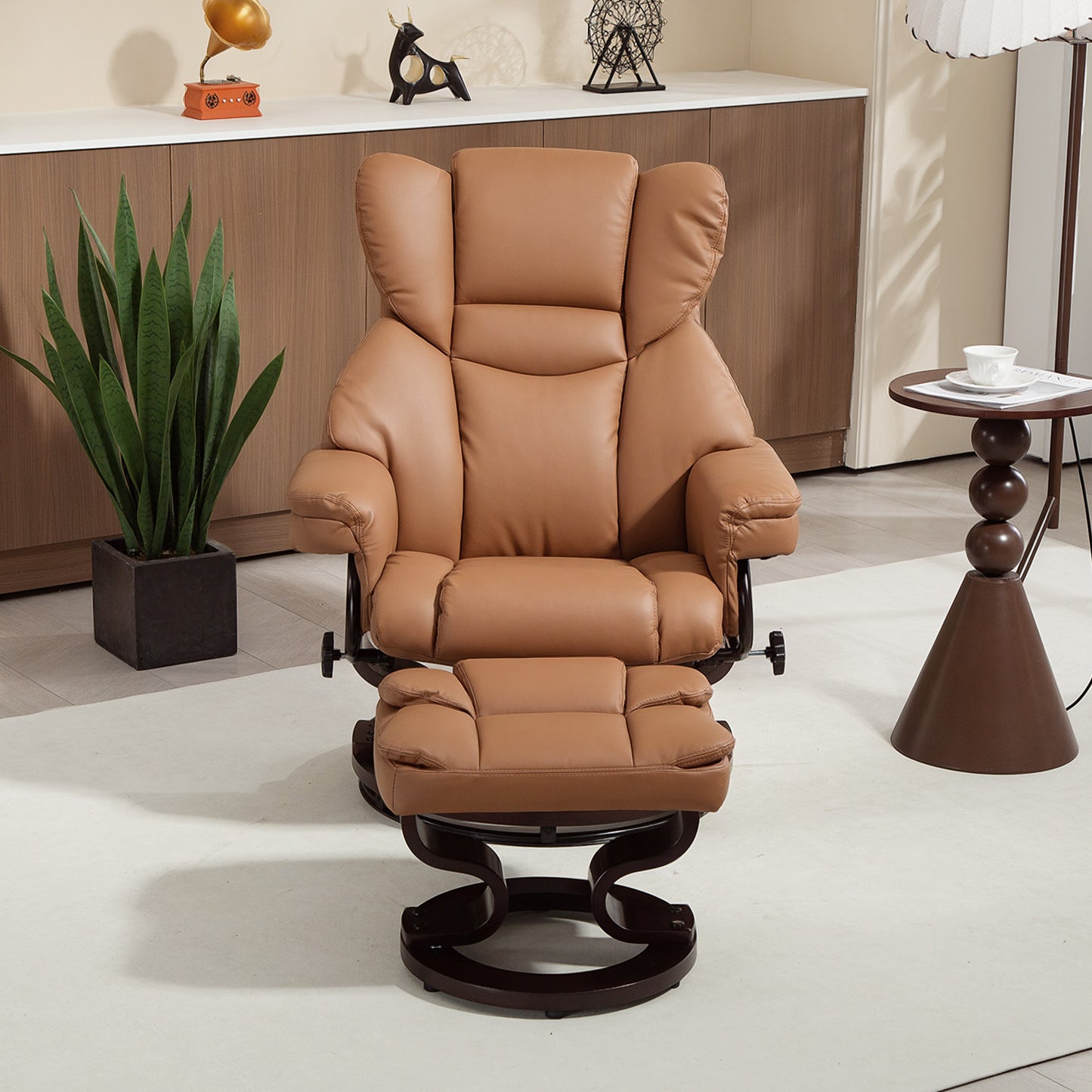 HOMCOM 360° Swivel Recliner Chair with Footstool, PU Leather Manual Recliner, Solid Wood Base, Upholstered for Living Room, Bedroom, Office, Brown