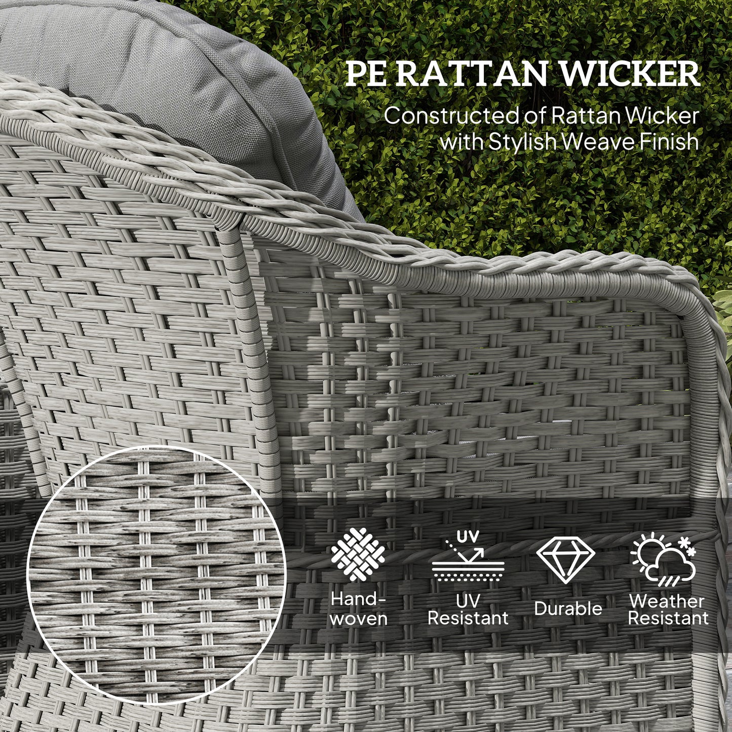 Outsunny 3-Piece Rattan Bistro Set, Glass Top Table & Cushioned Chairs for Patio, Balcony, Garden, Light Grey