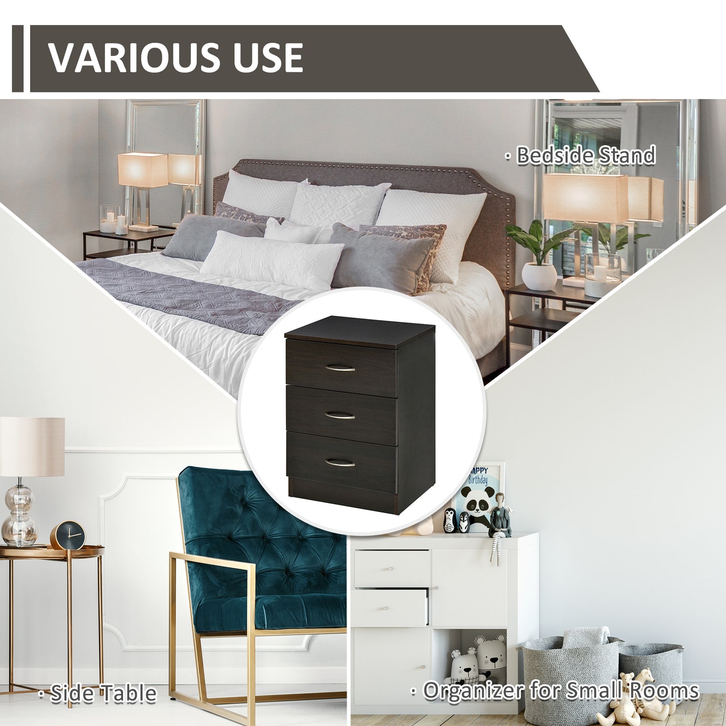 HOMCOM Three-Drawer Simple Bedside Table - Black