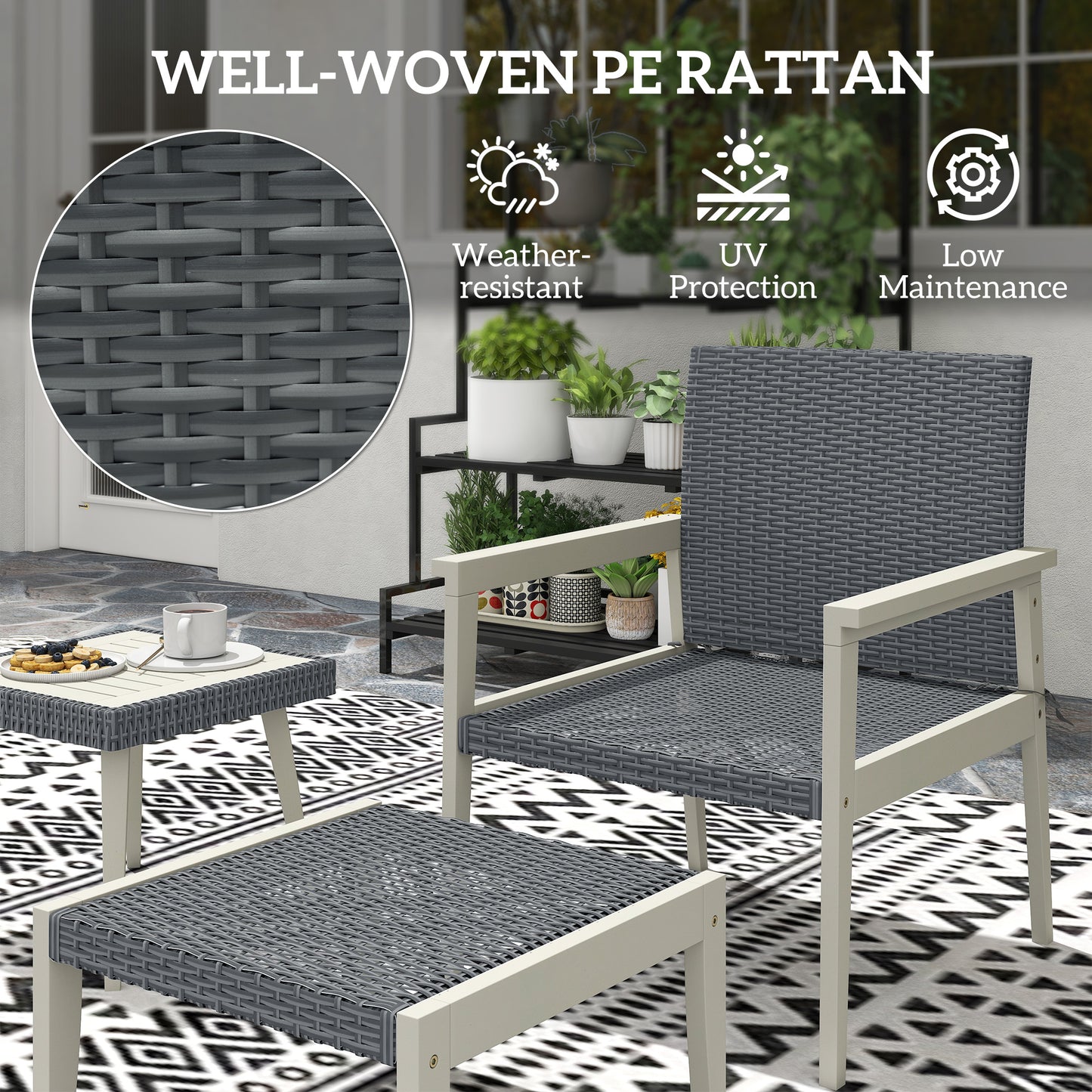 Outsunny 5-Piece Rattan Garden Furniture Set, Patio Conversation Set with Cushions, Wood Coffee Table & Footstools, Outdoor, Grey