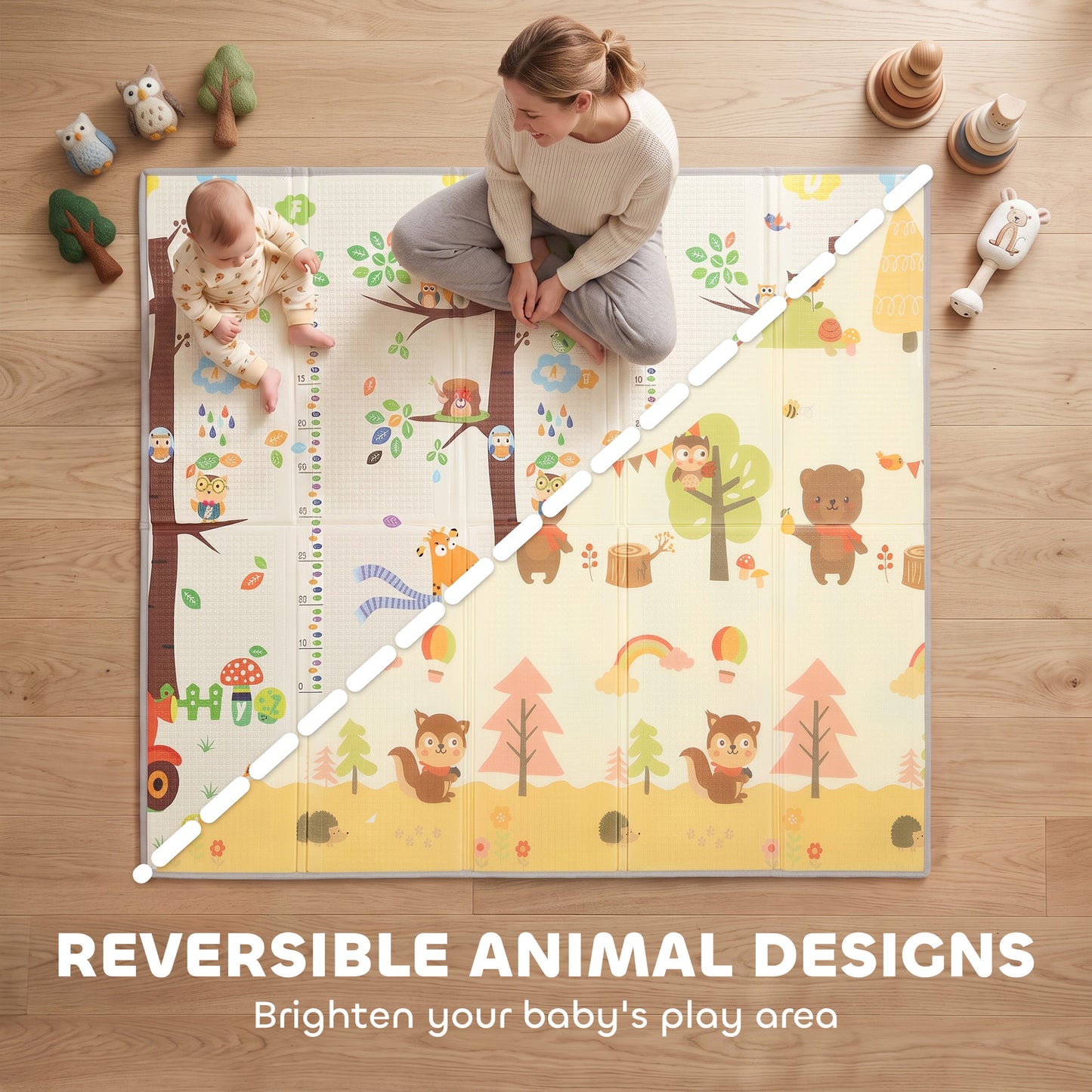 AIYAPLAY Foldable Reversible Baby Play Mat 200 x 180 cm, Waterproof, Non-Slip for Crawling and Learning, Tree & Forest Theme
