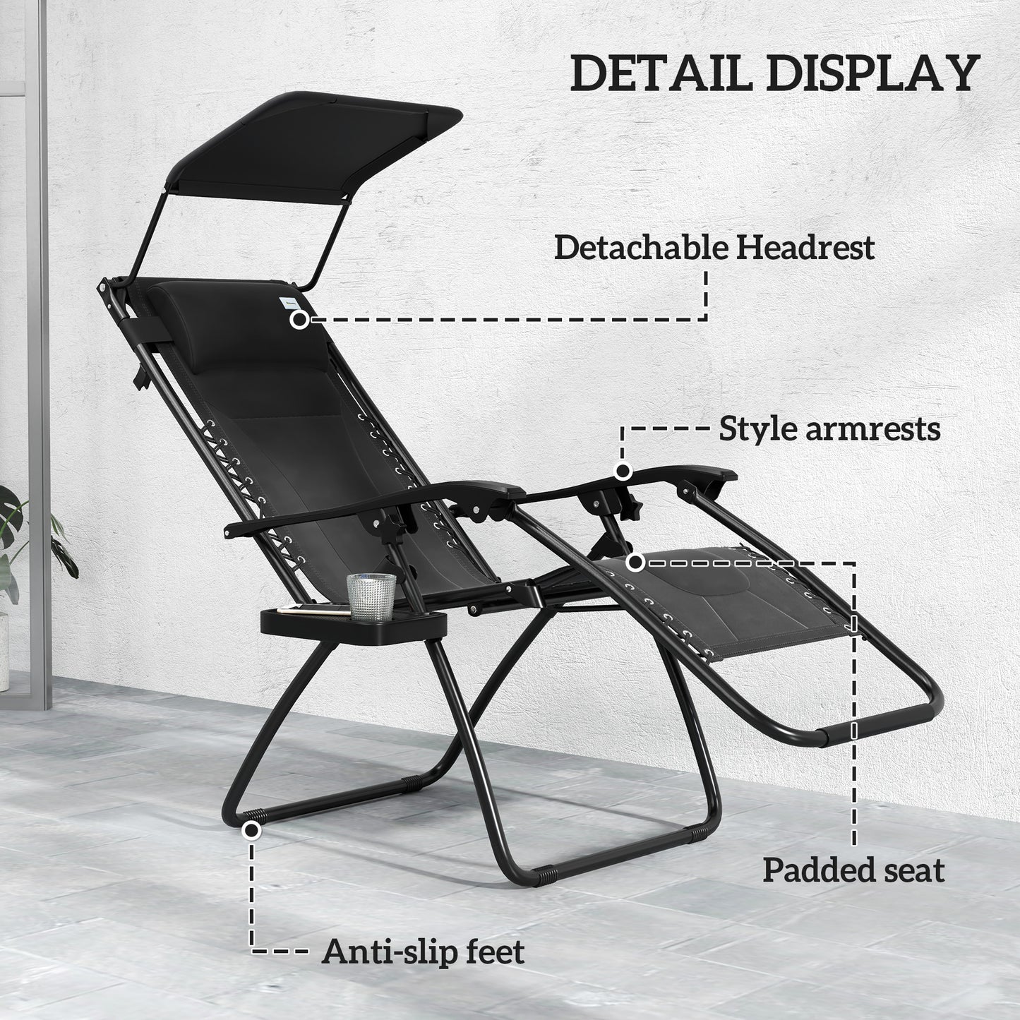 Outsunny Zero Gravity Lounger: Folding Reclining Chair with Shade, Cup Holder, Cushion & Headrest, Black