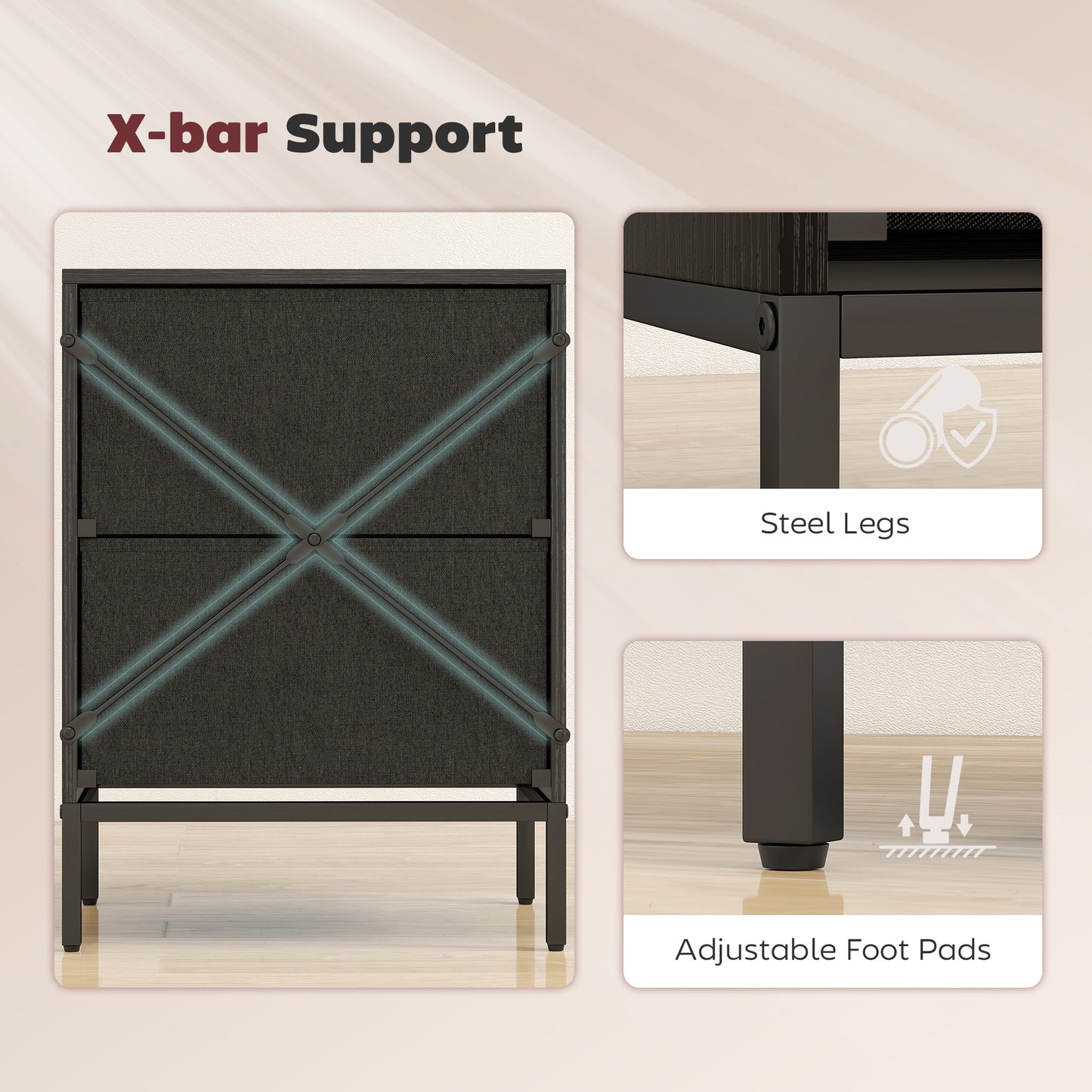 HOMCOM Chest of Drawers, Dresser with 2 Fabric Drawers and Aluminium Handles - Black