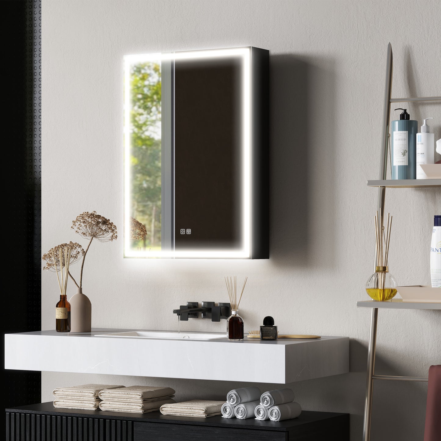 HOMCOM Black LED Bathroom Mirror Cabinet, 500x700 mm, Demister Pad, Dimmer, 3 Colours, Shaver Socket