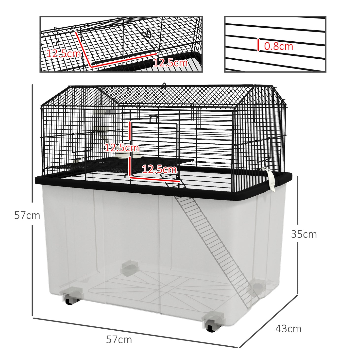 PawHut Two-Tier Gerbil Cage Hamster Cage for Dwarf Hamster Syrian Hamster w/ Wheels Deep Bottom Food Dish Water Bottle