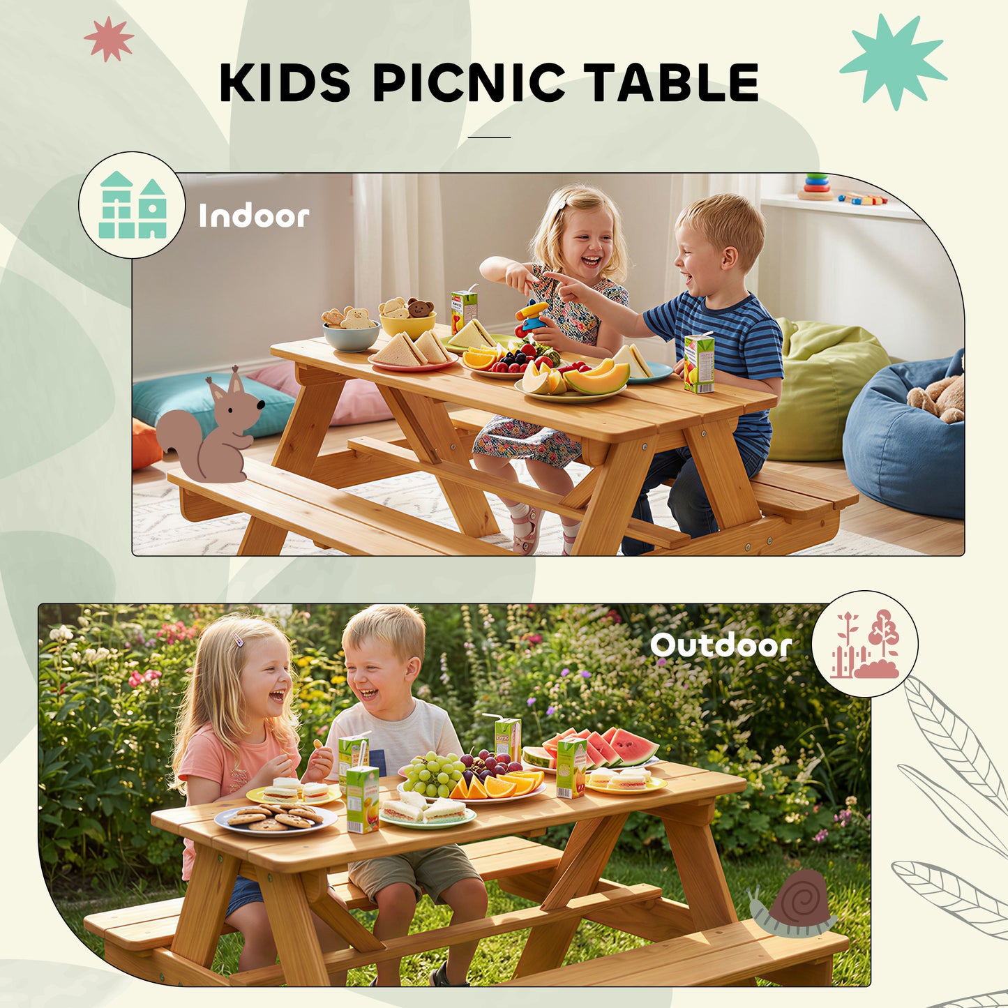 AIYAPLAY Kids Picnic Table for Outdoor Wooden Table & Bench Set with Integrated Benches Natural Wood