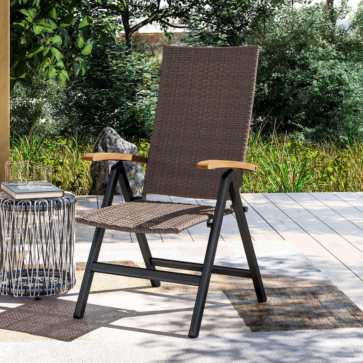 Outsunny Outdoor Foldable Dining Chair with Armrests, High Backrest, for Garden, Camping, Balcony, Porch, Brown
