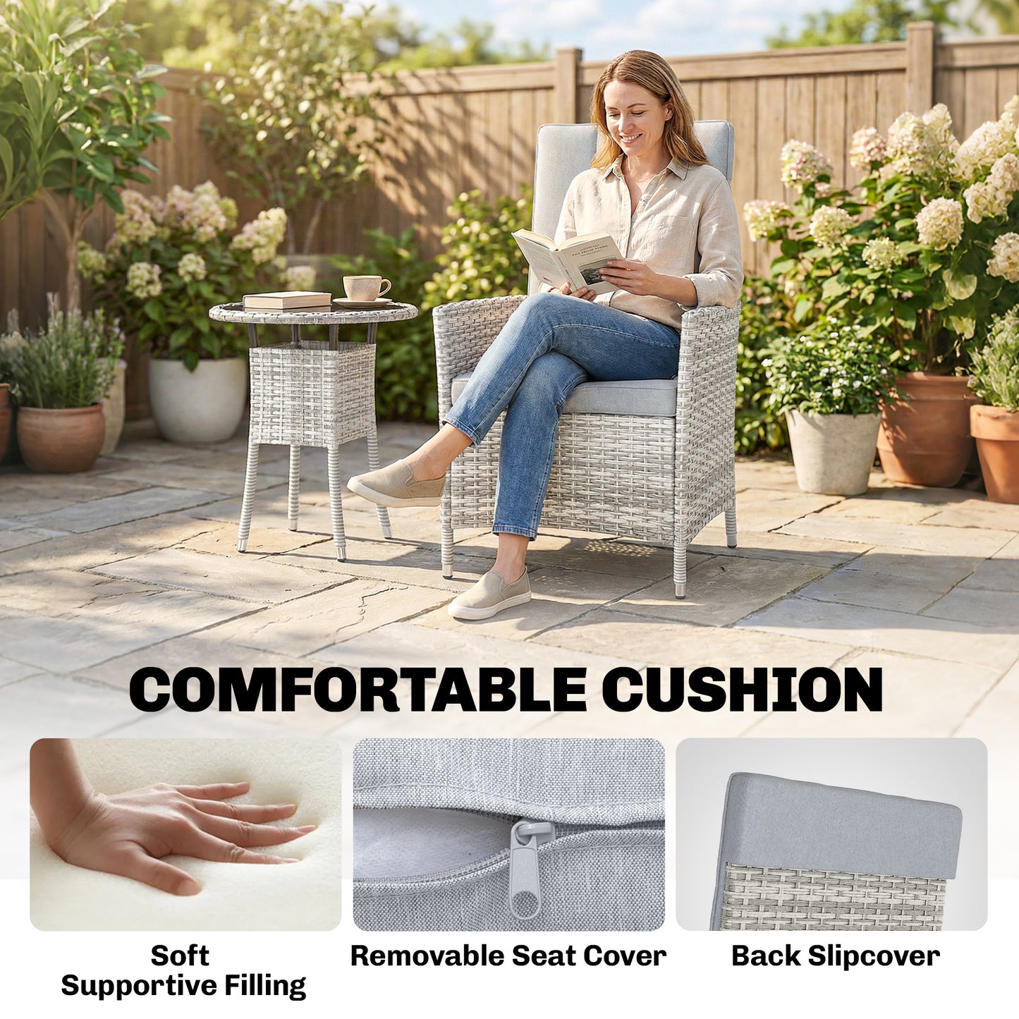Outsunny Rattan Bistro Set, Reclining Garden Chairs and Glass Coffee Table with Cushions for Patio Balcony Porch, Light Grey