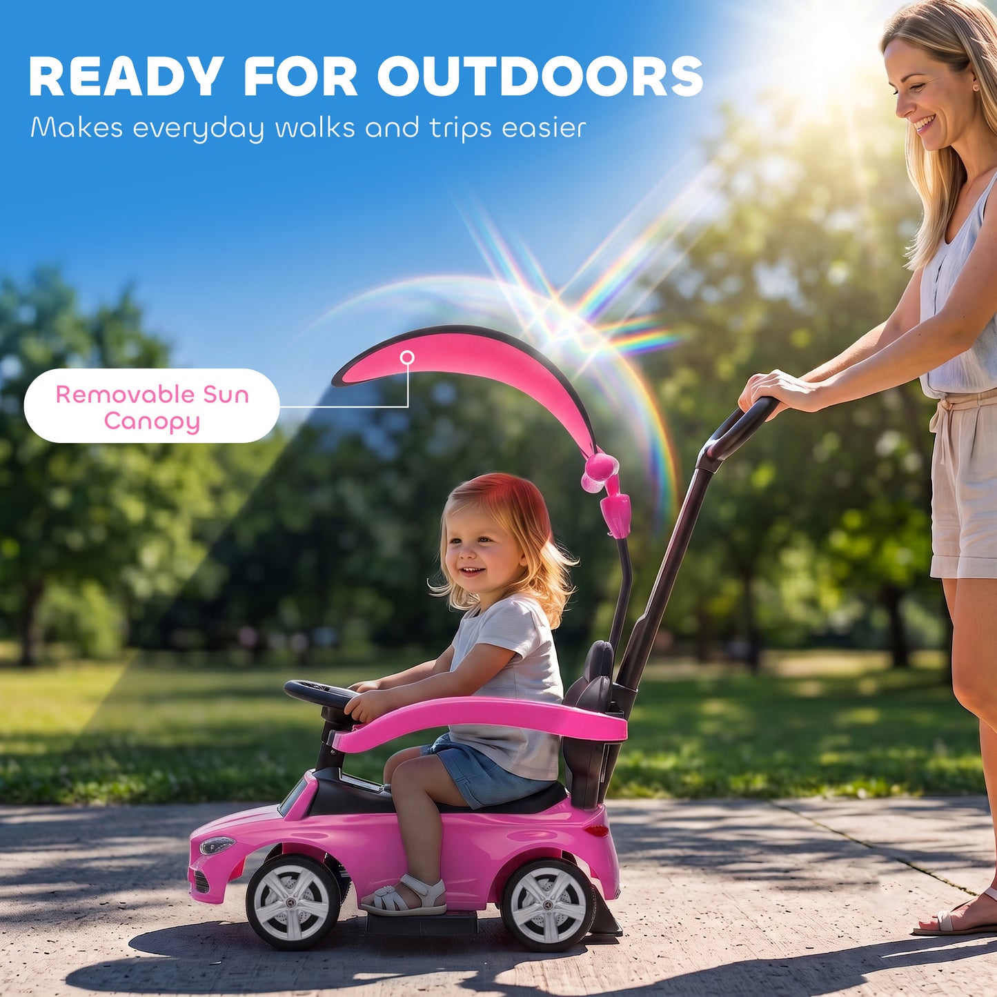 AIYAPLAY 4 in 1 Licensed Benz Ride on Push Car with Handle, Canopy, Guardrails, Horn, Music, Storage for 12-36 Months, Pink