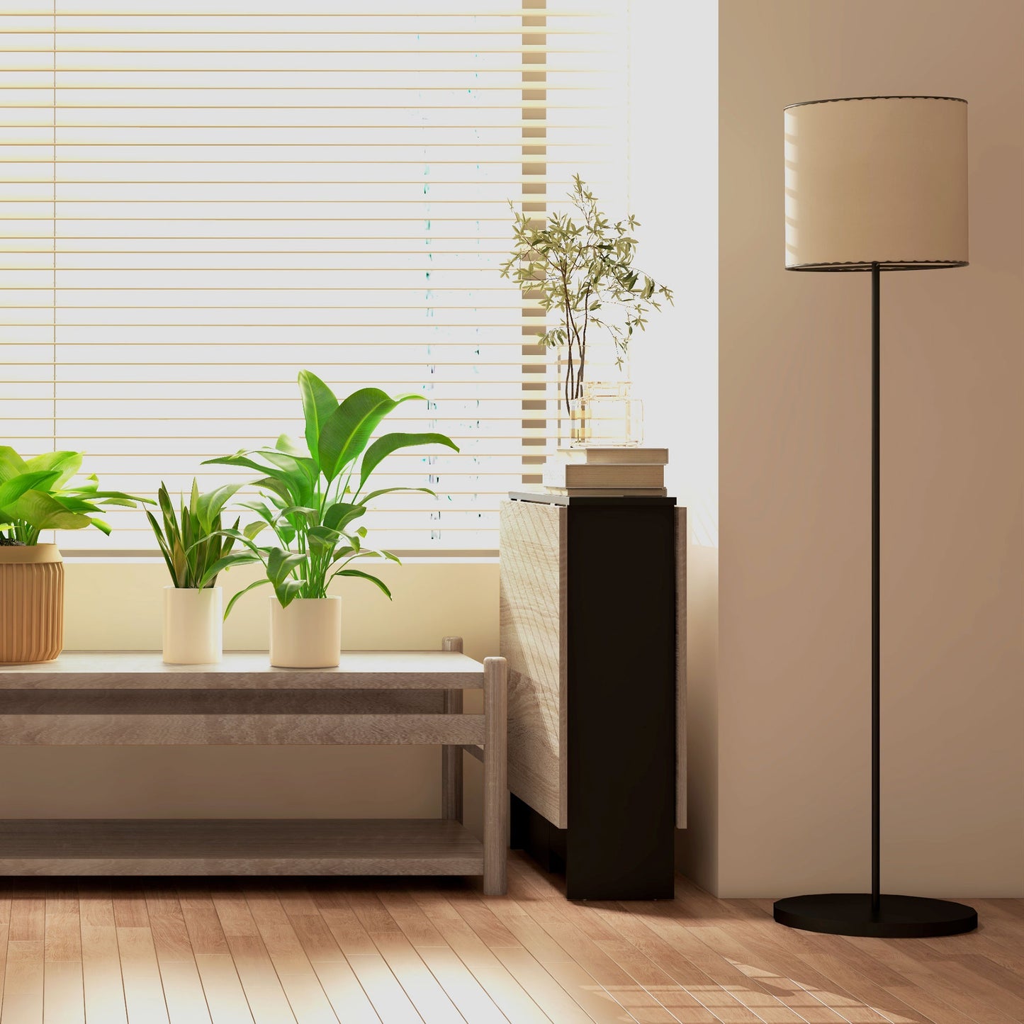 HOMCOM Folding Dining Table, Drop Leaf Design, 2-Tier Shelves, Rolling Casters, Oak and Black