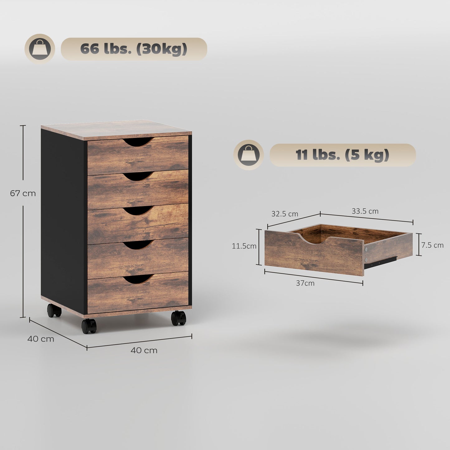 HOMCOM Five-Drawer Filing Cabinet - Rustic Brown