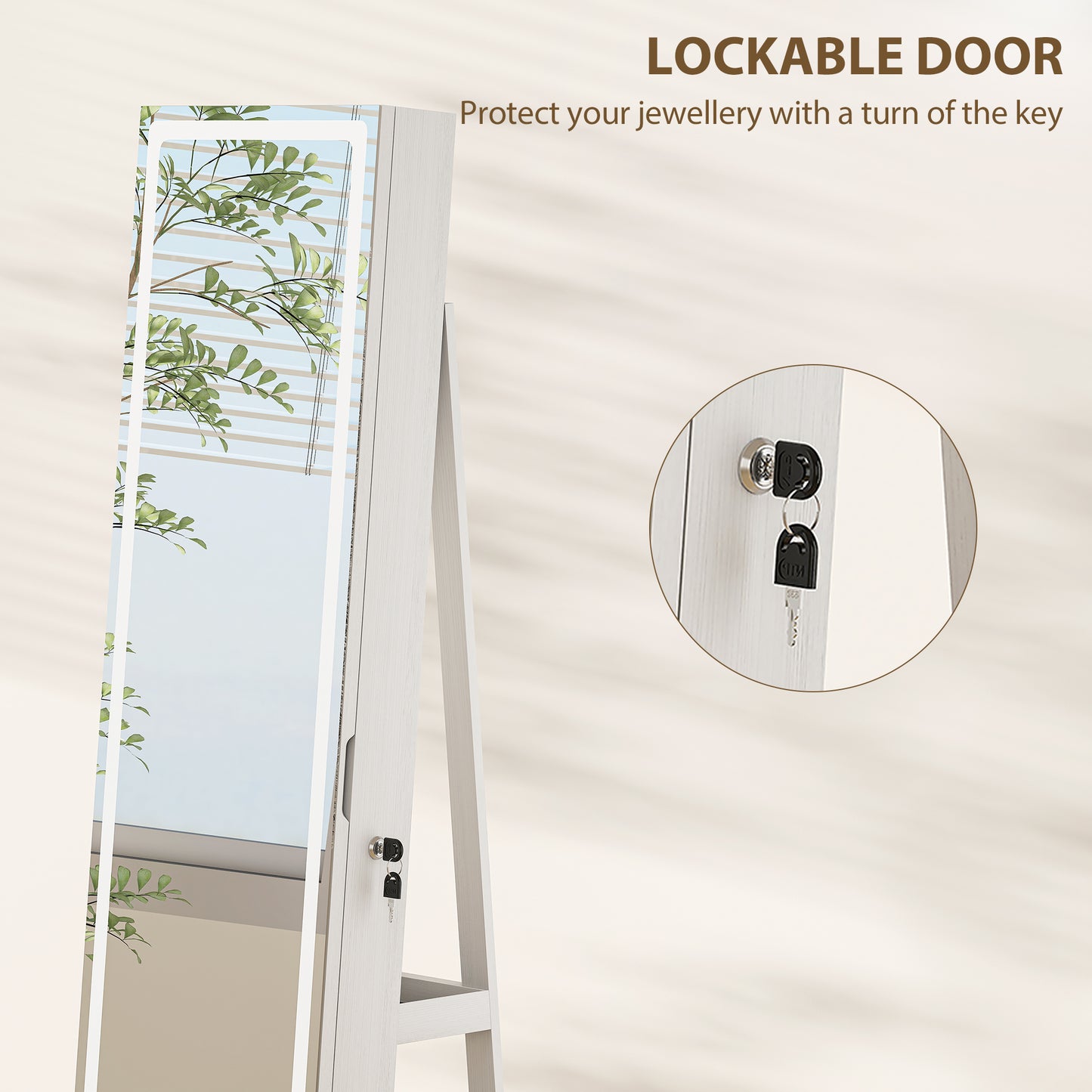 HOMCOM Lockable 360° Swivel Jewellery Cabinet with LED Lights, Full-Length Mirror & Storage for Accessories, Free Standing, White